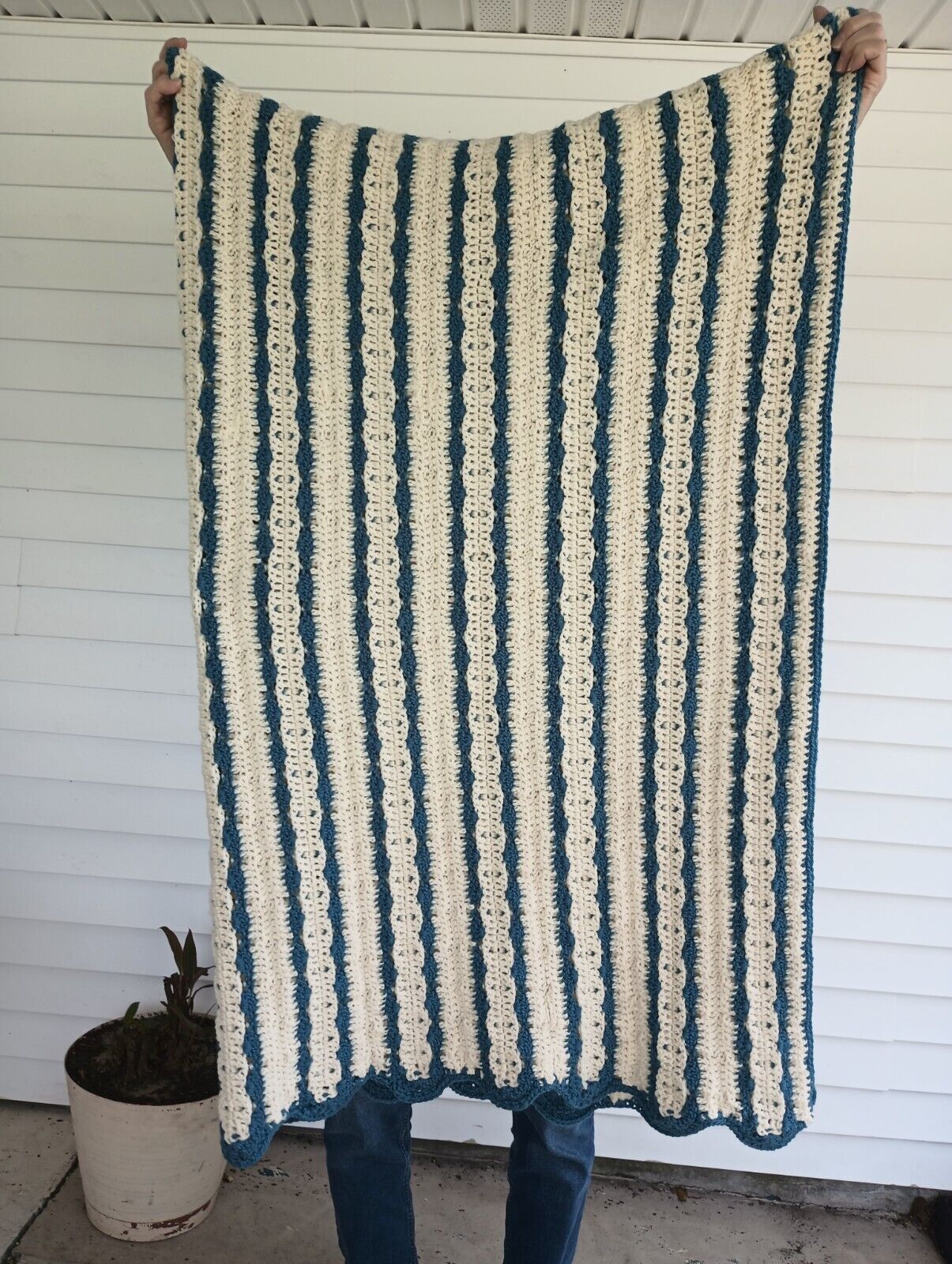 Vtg Granny  Afghan Blue&White Knit Crochet Blanket 65x80 Cottage Core, Scalloped