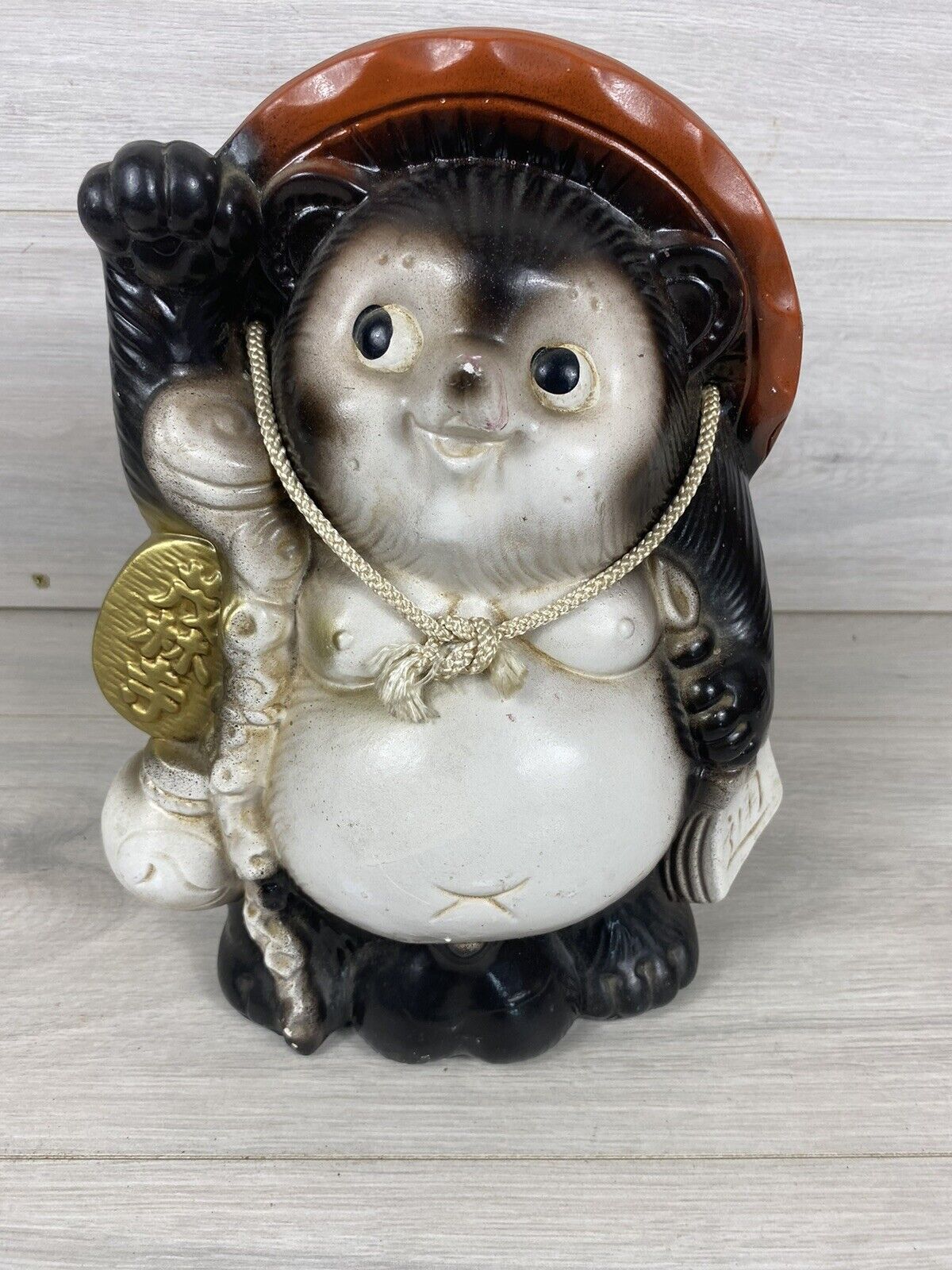 Japan Shigaraki-Ware Tanuki Raccoon Dog Tokkuri Pottery Ornament Statue