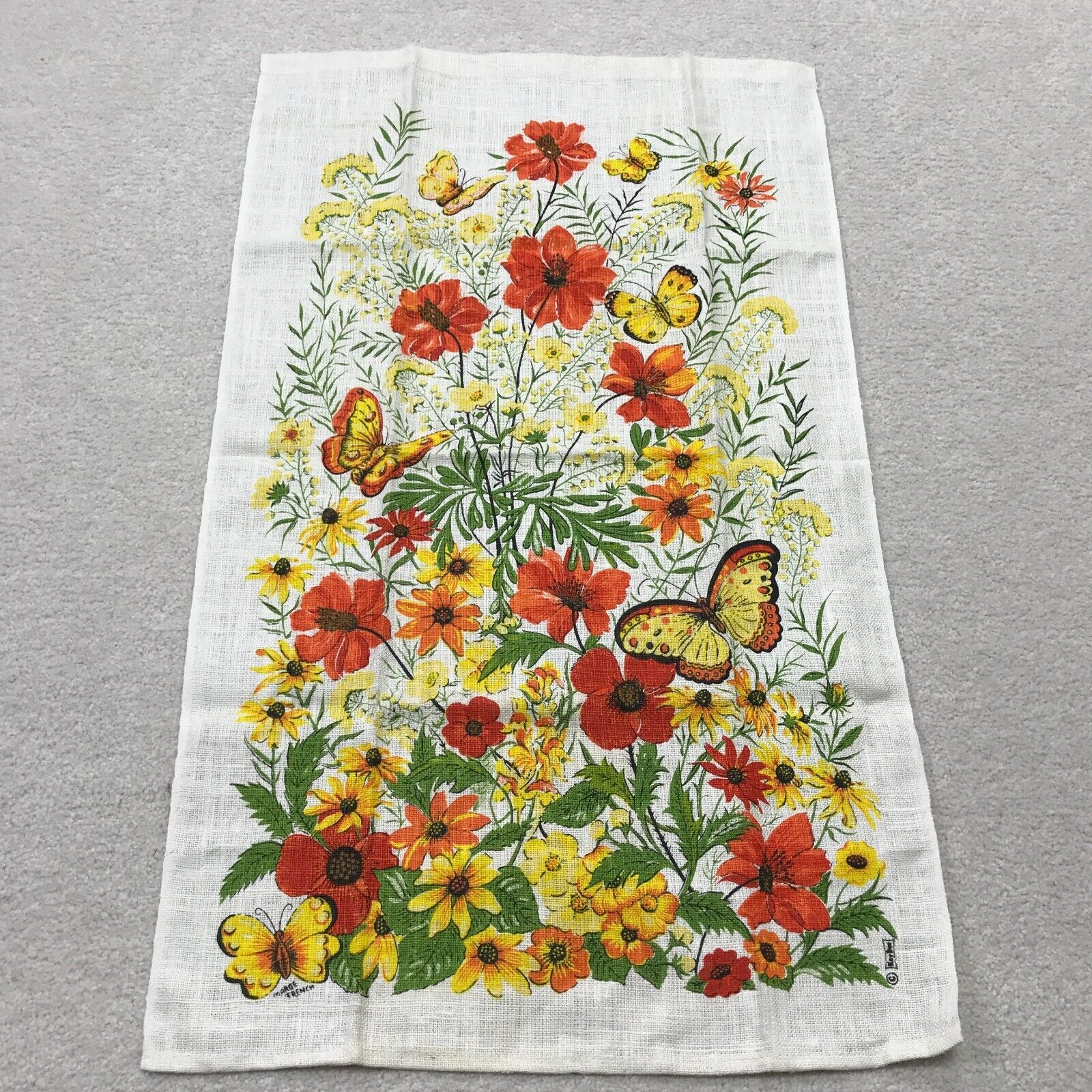 Vintage Tea Towel Floral Butterflies Garden 60s 70s MCM Orange Yellow Green