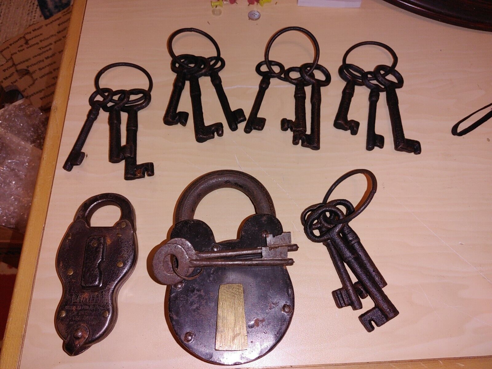 Vintage Cast Iron Padlock with 2 Skeleton Keys Works + Second Lock + 15 Keys