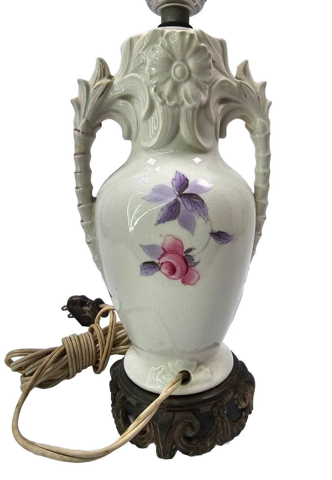 Vintage Ceramic Table Lamp with Hand-Painted Flowers and Ornate Accents.