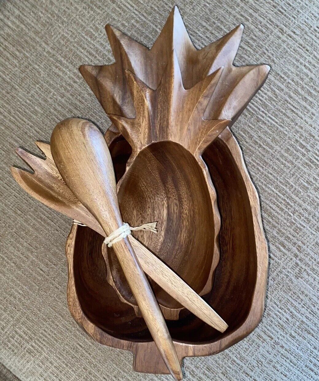 4 Piece Wooden Pineapple Set 2 Bowls With Utensils