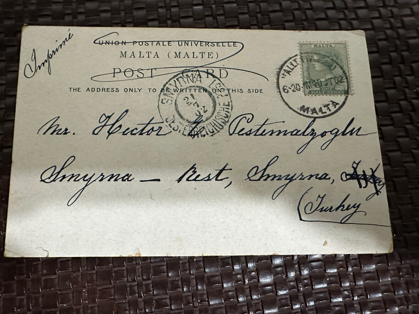 1902 Postcard w/postage Malta To  Smyrna Turkey