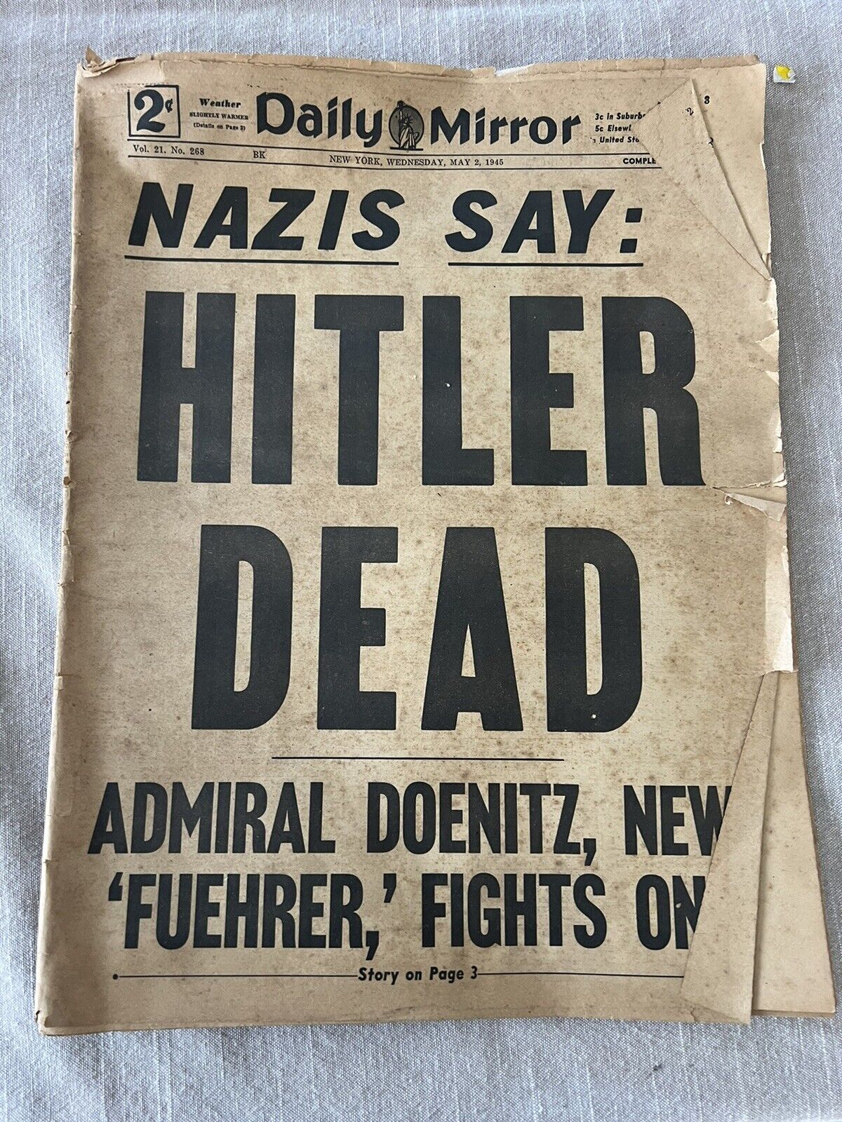 Very Rare Vintage Daily Mirror May 2, 1945 Hitler Dead Newspaper 