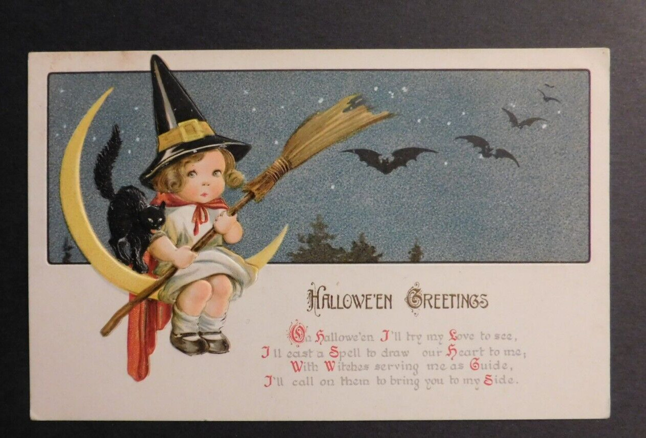 Mint USA Picture Postcard Halloween Young Witch on Moon with Bats Black Cat Star