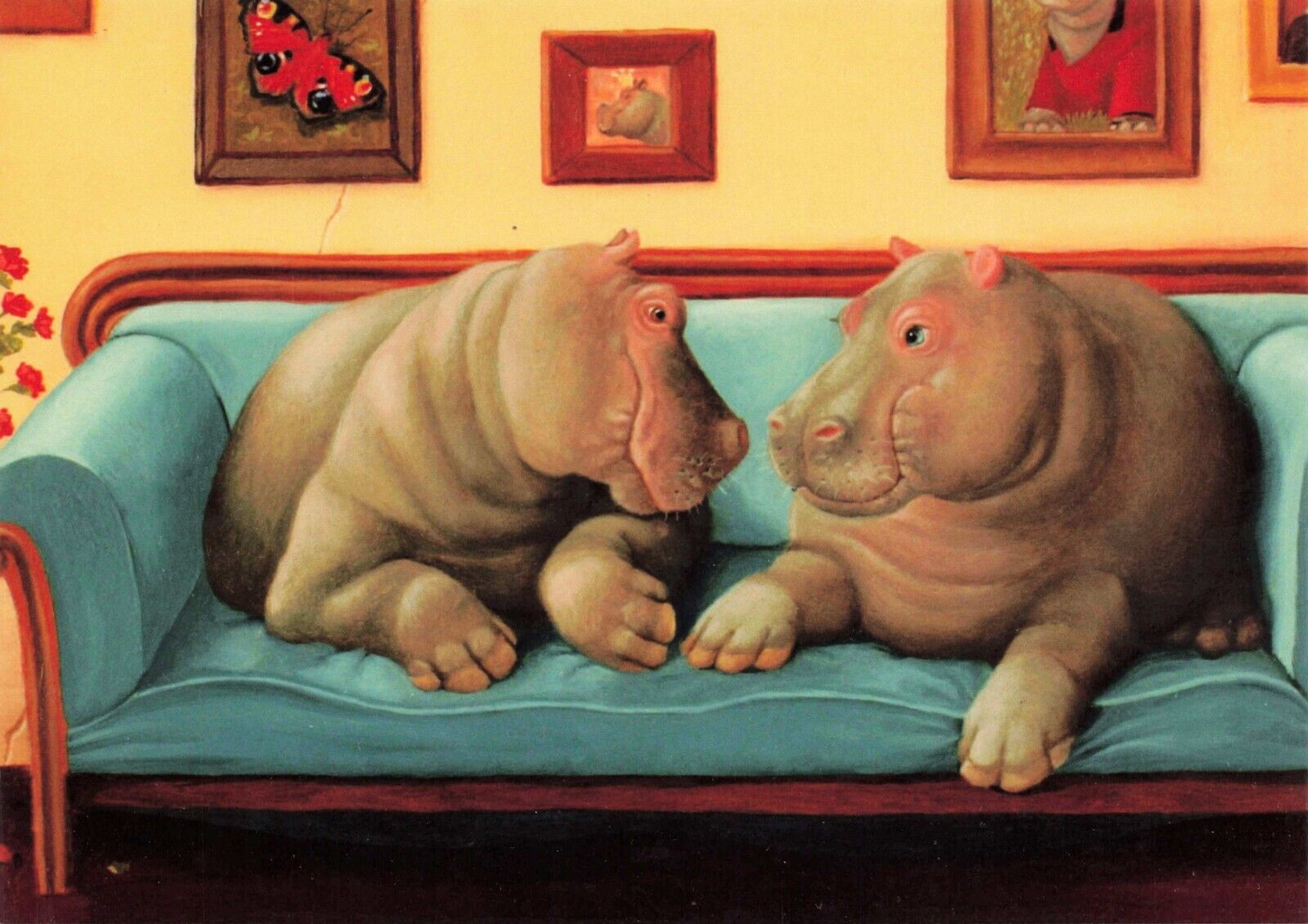 Hippos in Love on Couch Suzan Visser Fantasy Art Vintage Postcard Unposted