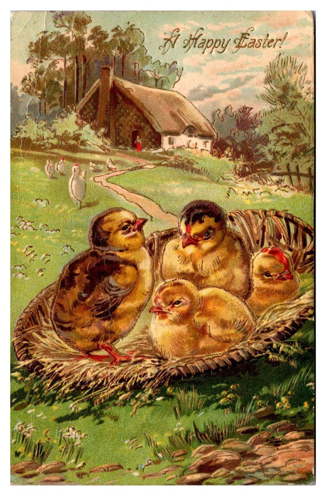 1908 A Happy Easter, Chicks in a Basket, Country Scene, Postcard