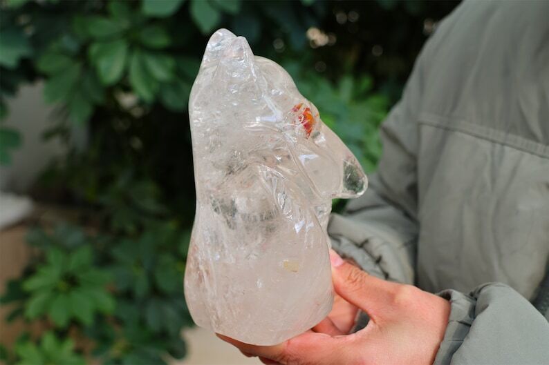 1.97KG Clear quartz Fox Skull Natural Carved Crystal Skull Reiki Figurine Decor
