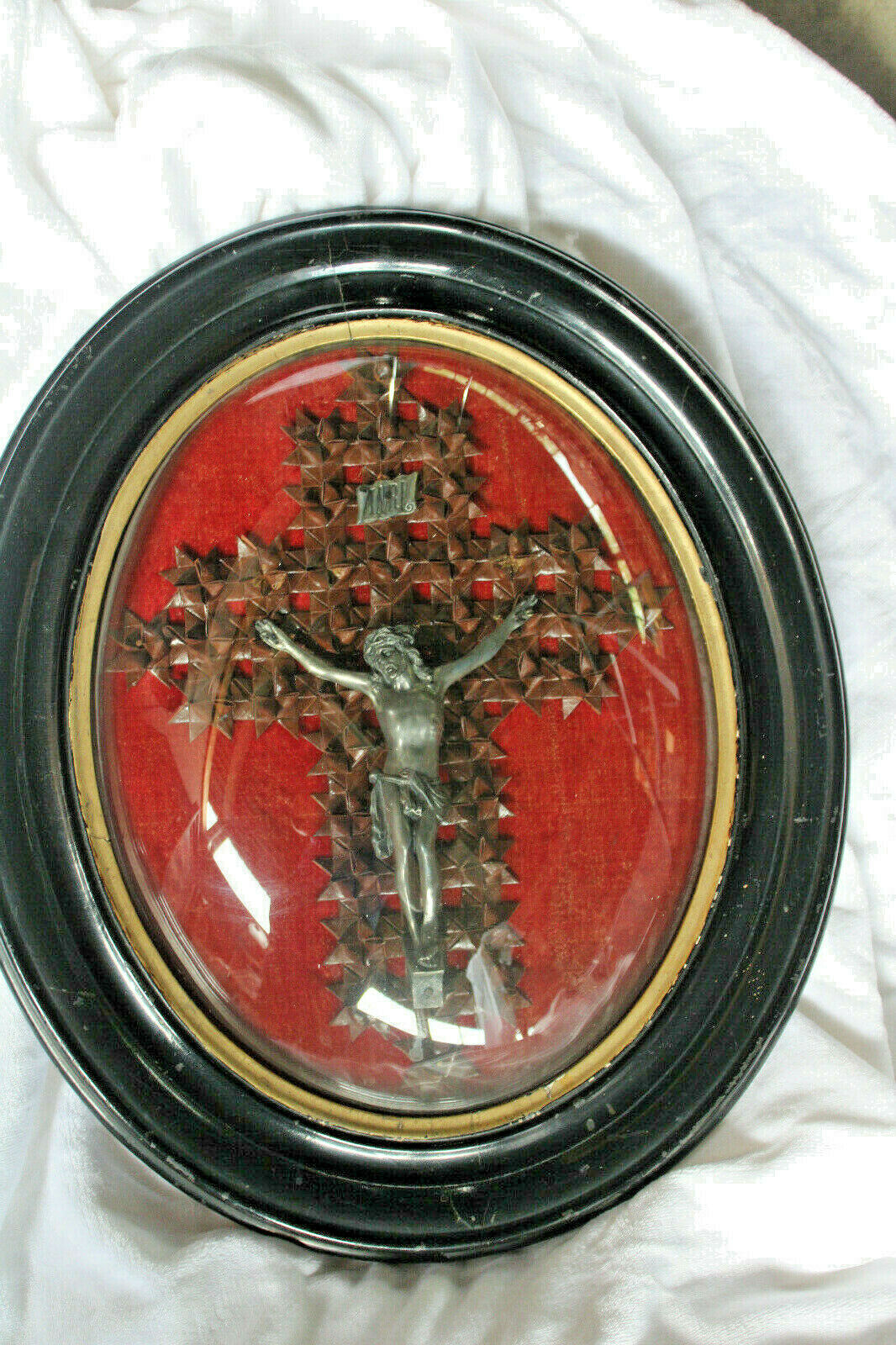 Antique napoleon III Crucifix leather framed behind convex glass religious 
