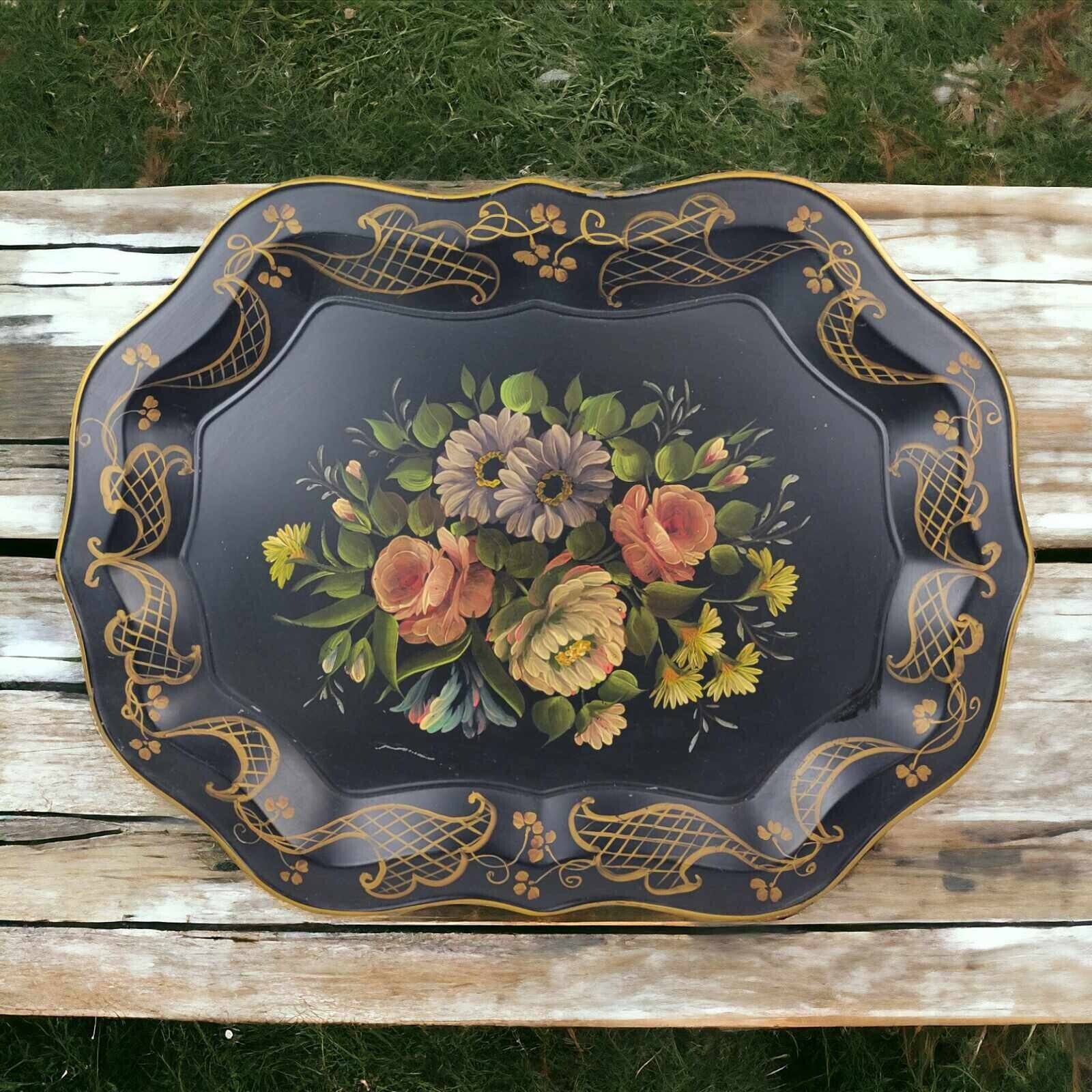 Antique Victorian TOLEWARE Floral Flower Hand PAINTED TRAY LARGE 27x21