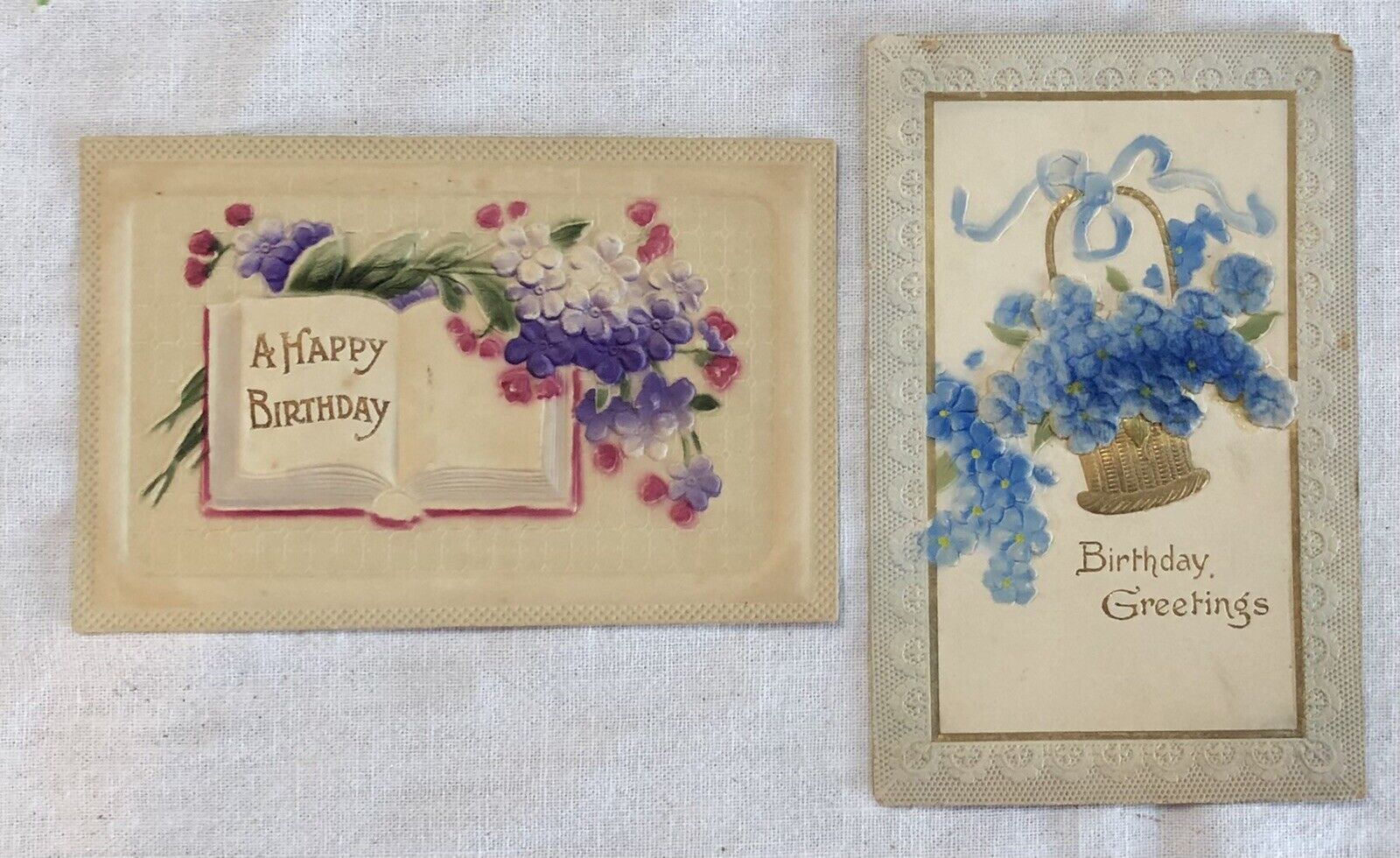 TWO Antique 1909 1913 Heavily Embossed Birthday Greetings Postcards Flowers