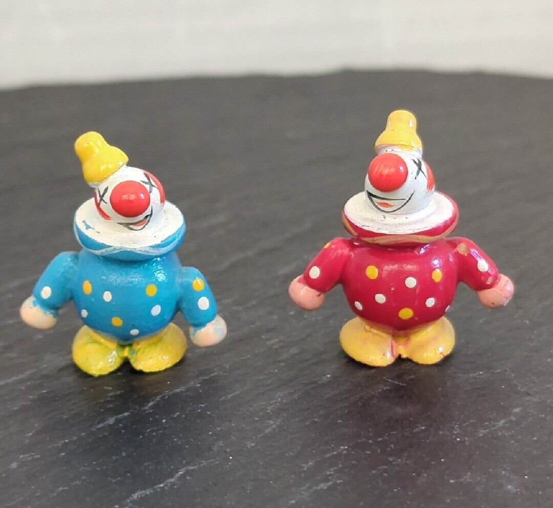 Vtg Miniature Wood Clowns, 1970s, Red, Blue, Yellow, Taiwan 