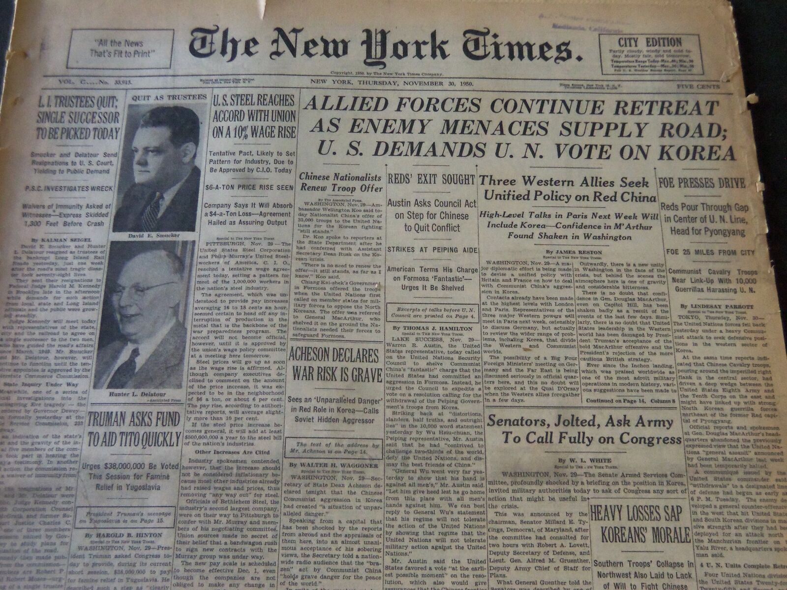 1950 NOVEMBER 30 NEW YORK TIMES - U. S. DEMANDS U. N. VOTE TO KOREA - NT 5976