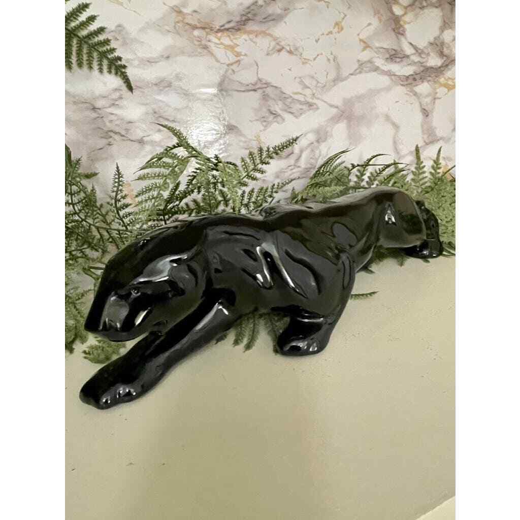 Black Glazed Panther Mid Century Modern Stalking Panther Figurine 15\