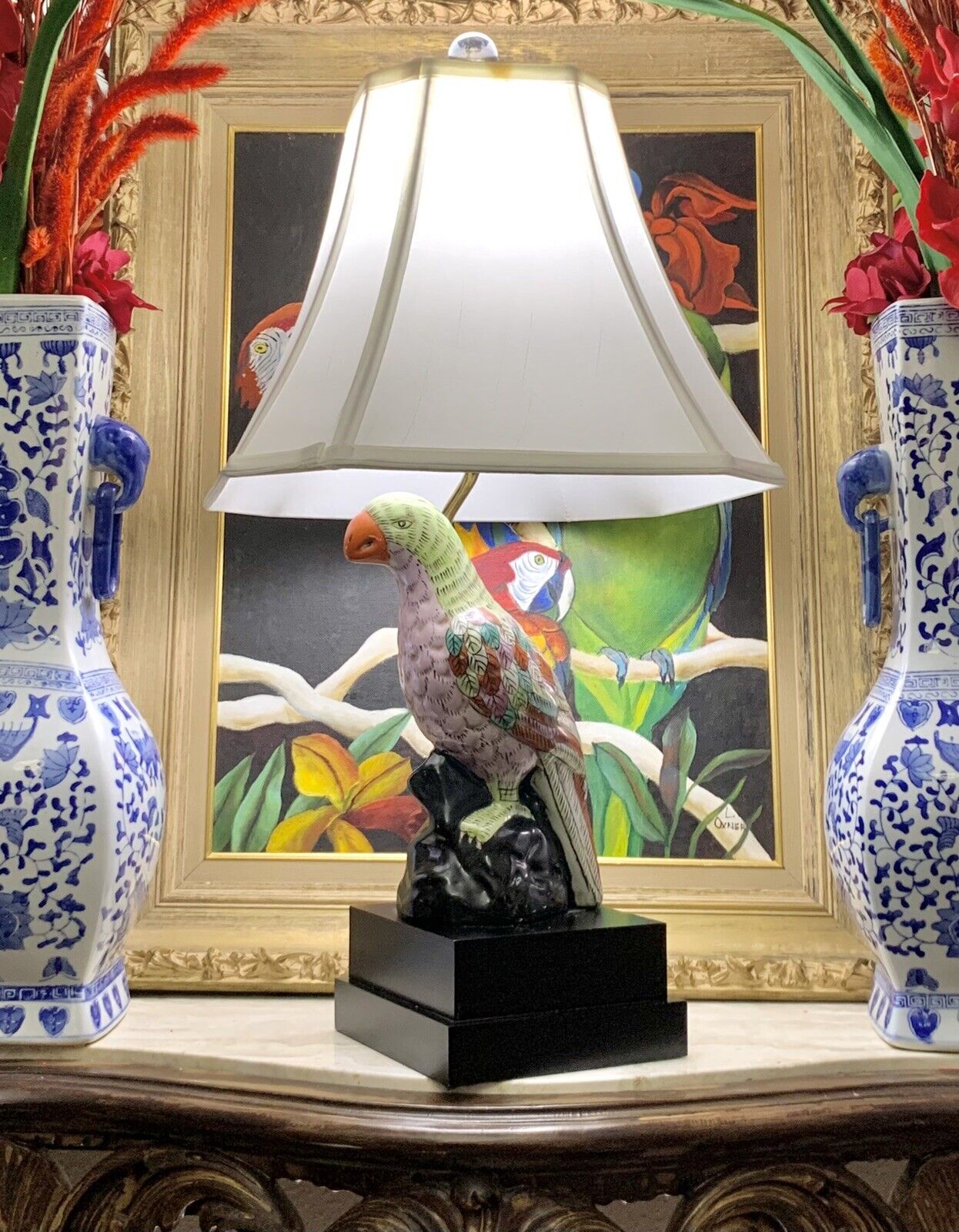Bird Lamp Parrot Figurine Oriental Style Vintage Lighting Decor