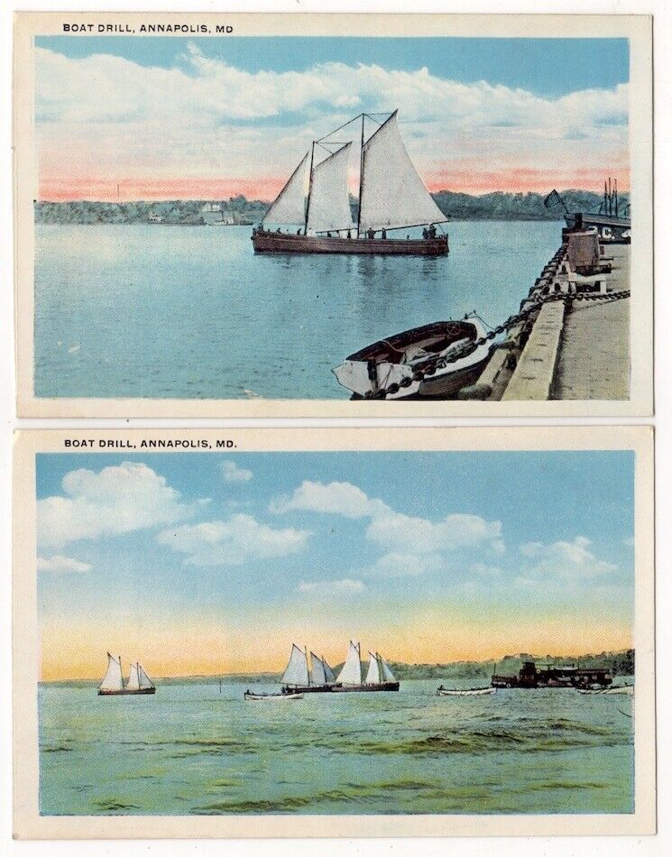 Annapolis Maryland lot of 2 c1920\'s Boat Drill, Sailing Ships