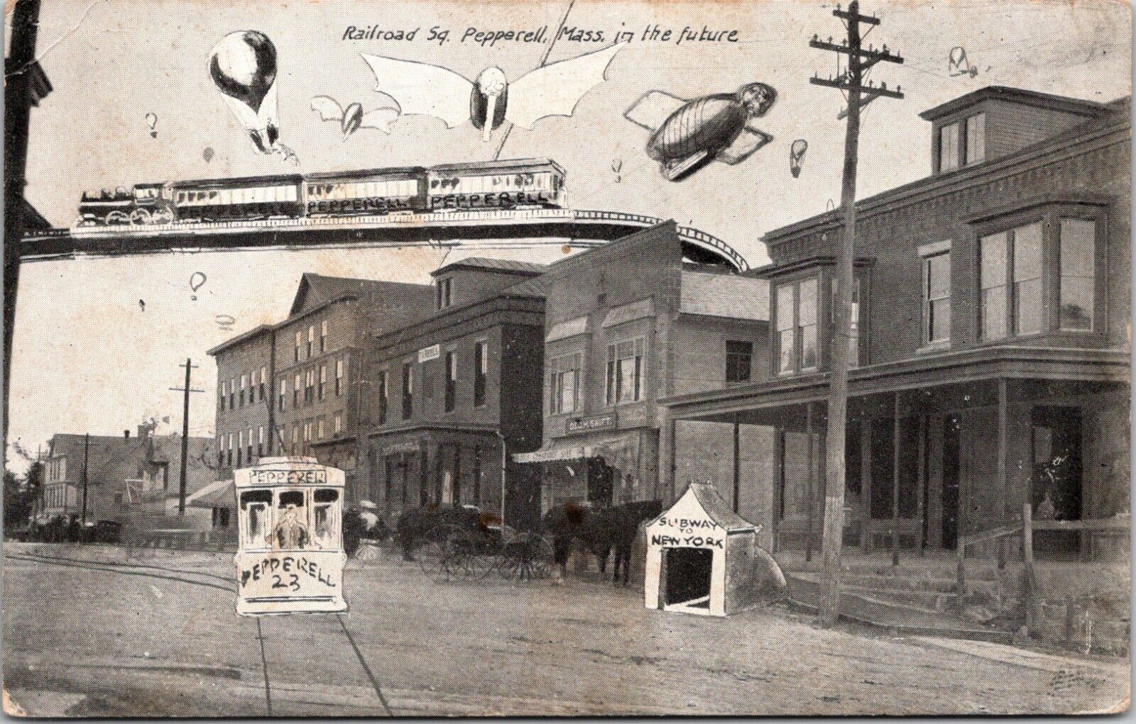 Railroad Square Pepperill MA In The Future Postcard Fantasy Humorous 1908 Postmk