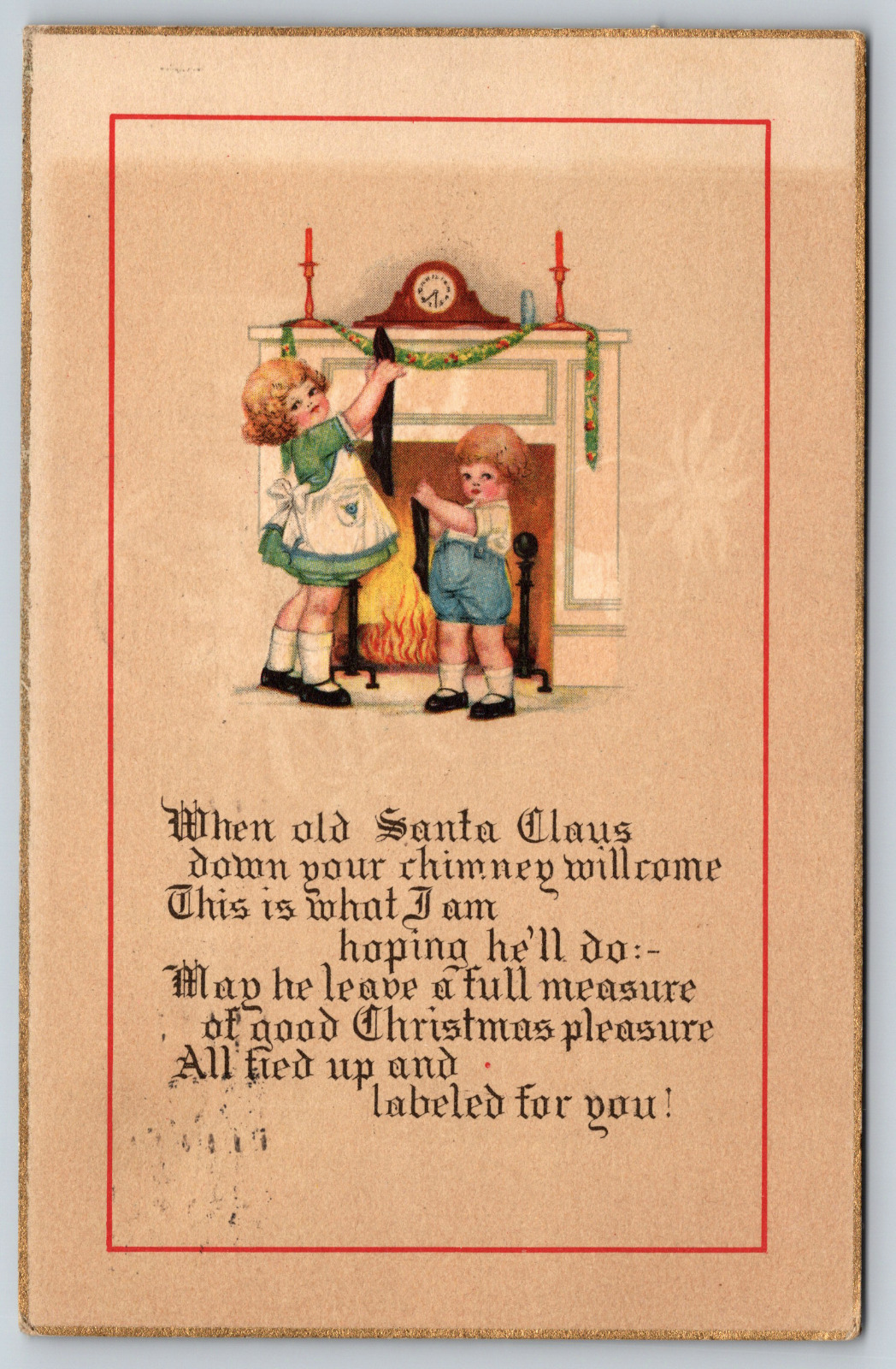 c1910s Santa Claus Merry Christmas Stockings Fireplace Poem Antique Postcard