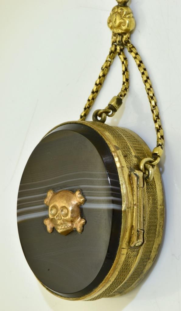 Victorian Memento Mori Skull Bones Snuff Box Chain fob Locket Gilt Bronze Agate