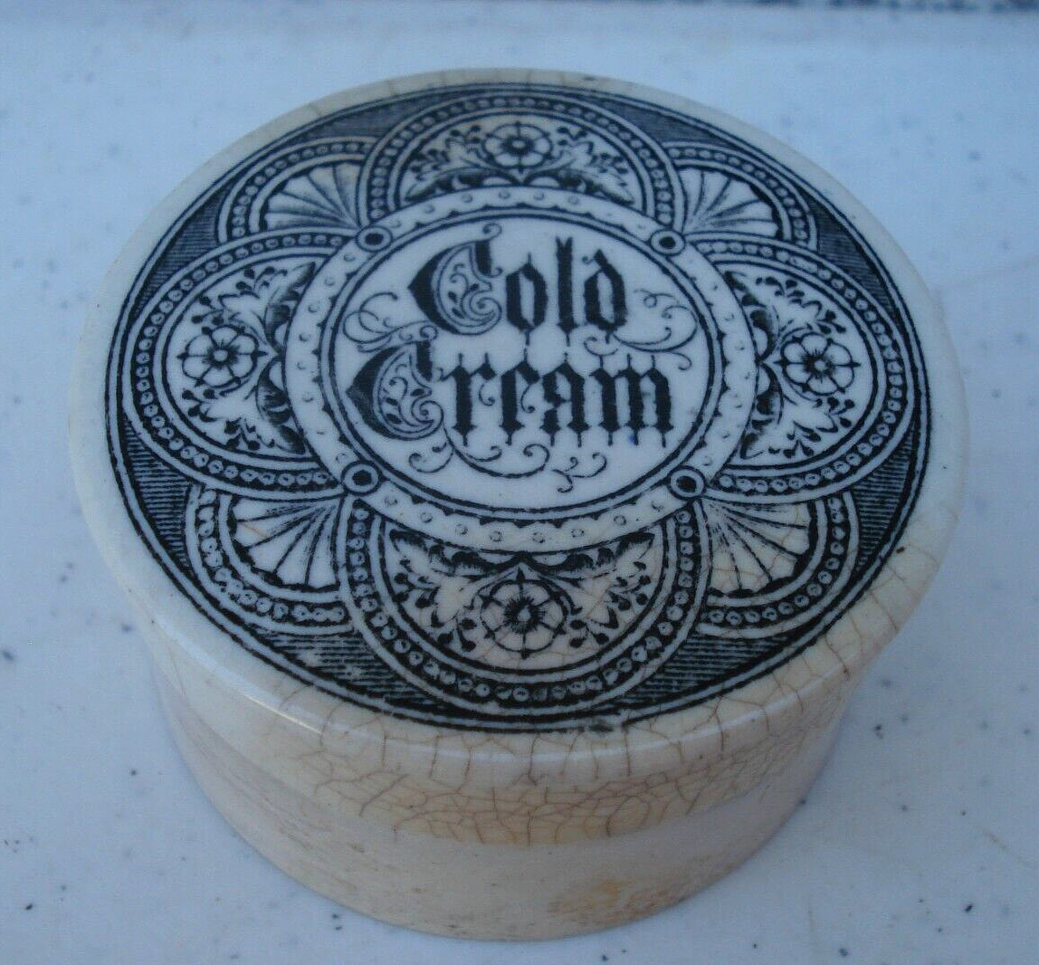 Antique (c1905) Med size, Geometric design, Gothic print Cold Cream jar pot lid