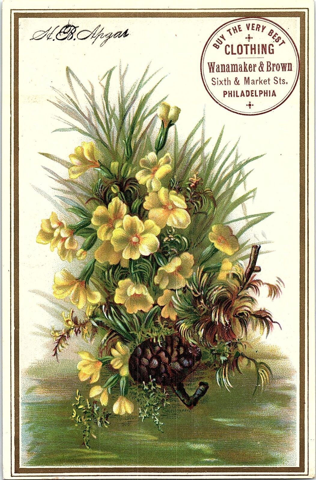 1880s PHILADELPHIA PA WANAMAKER & BROWN CLOTHING FLORAL TRADE CARD 40-57