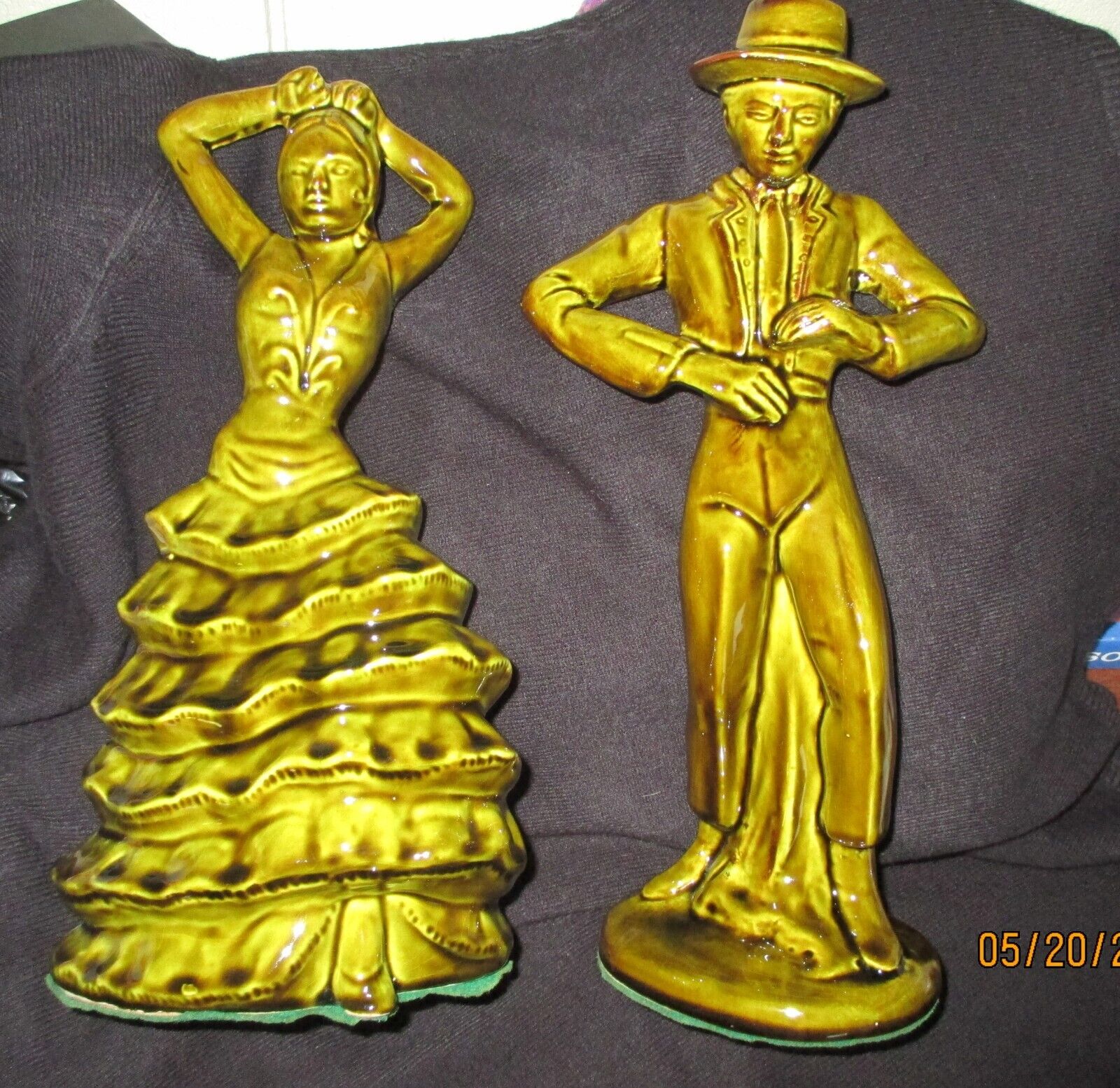 Vintage Spanish Style Flamenco Dancers Avocado Ceramic Figurines Mid Century MCM