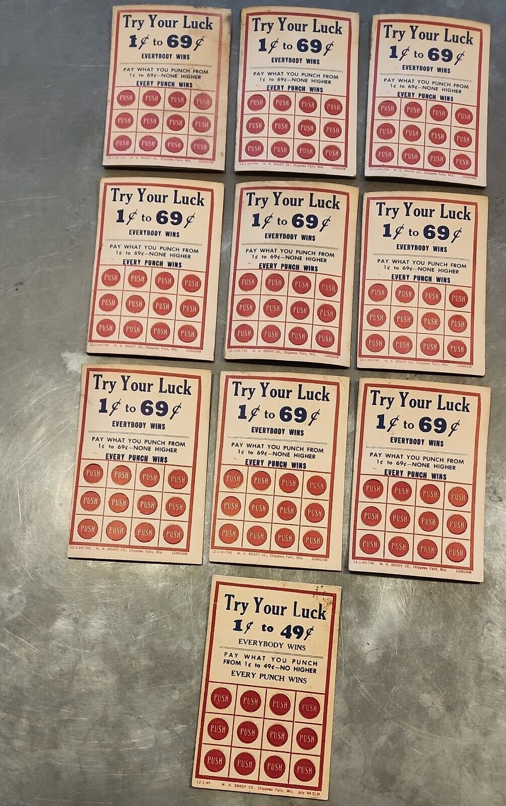 10 Unused Vintage Punch Cards -Try Your Luck -W.H. Brady Co. 