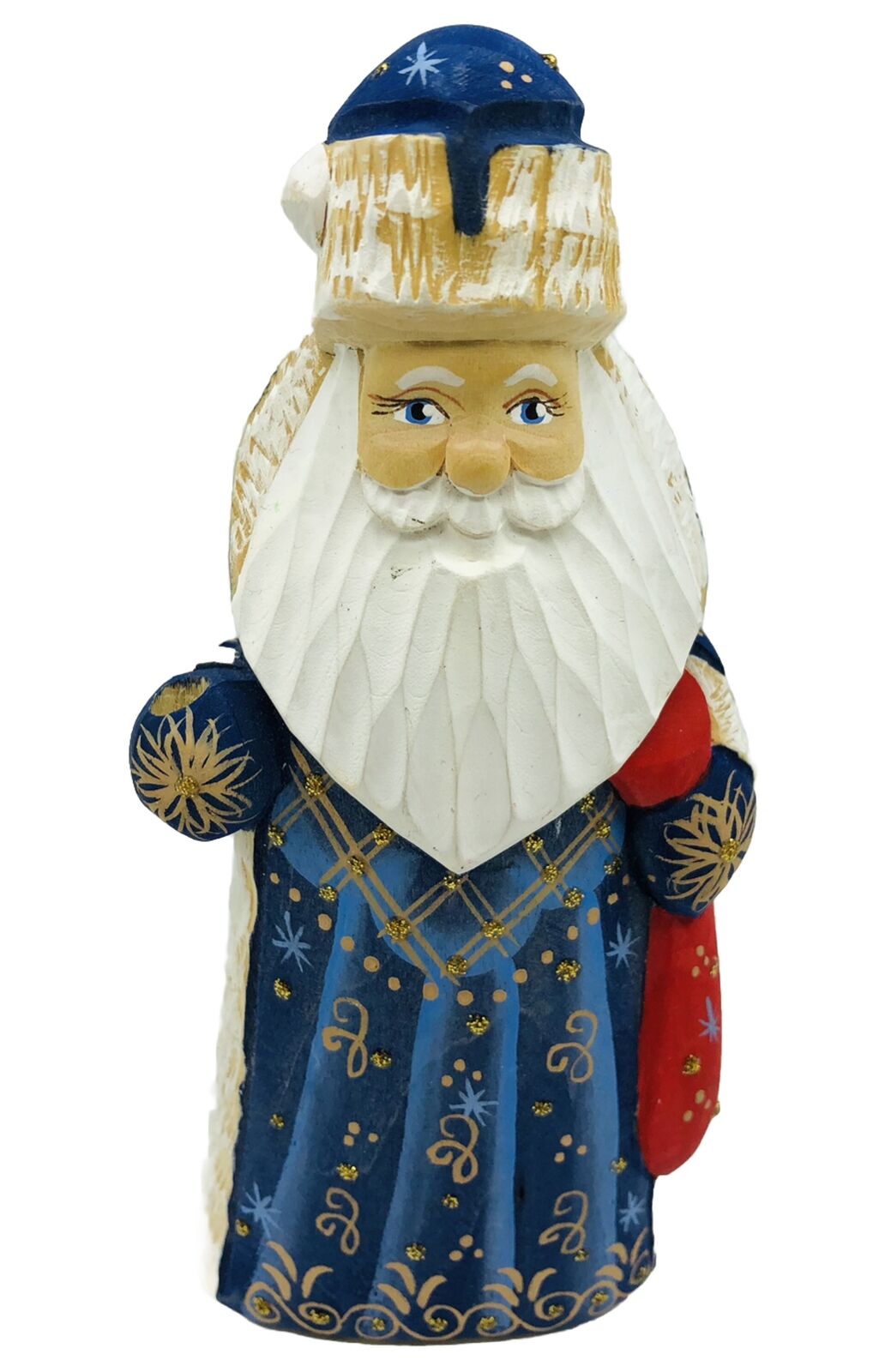 Vintage Russian Hand Painted Carved Wood Santa Claus Statue Figurine 5.25”