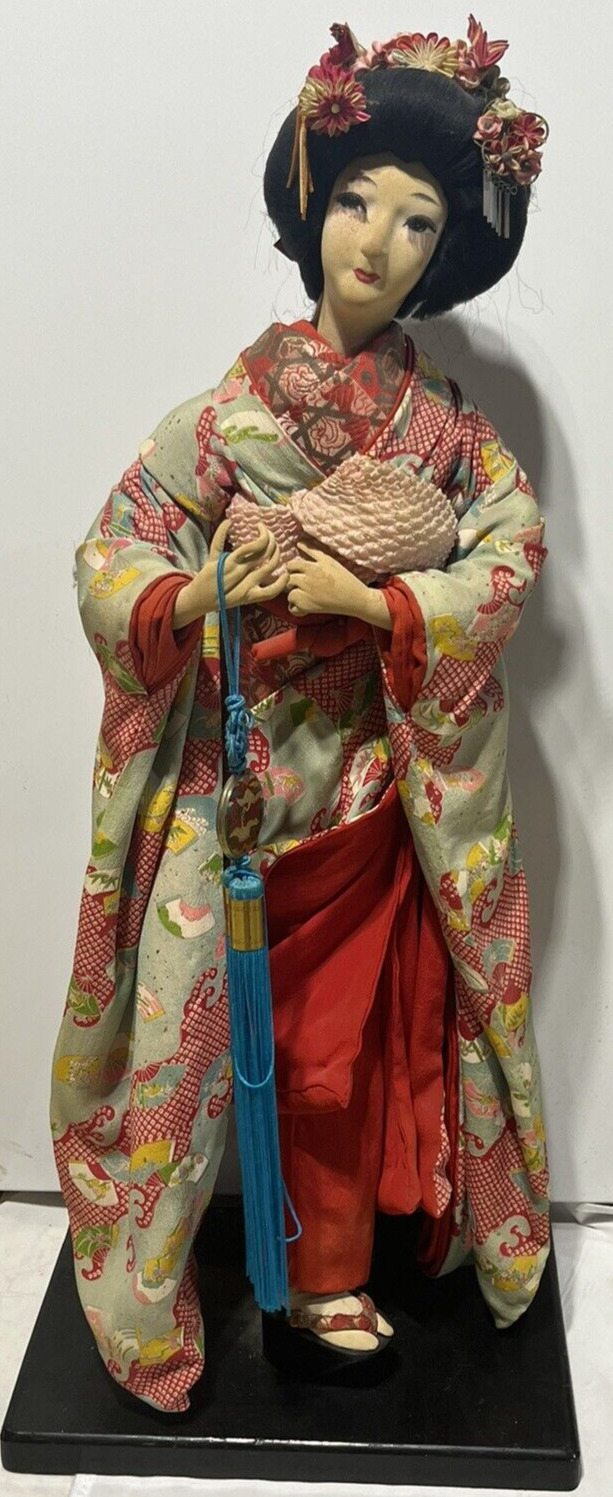 Rare Vintage Large Japanese Geisha Doll 27\'\' with a Wood Base
