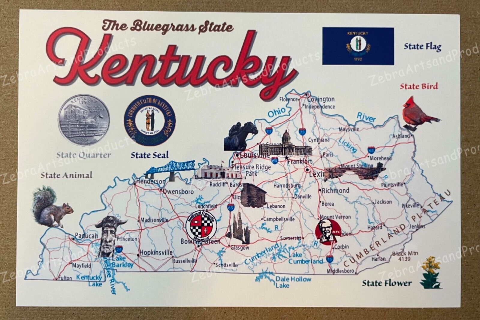 Postcard blank Kentucky State Map 4x6 with State Facts and background
