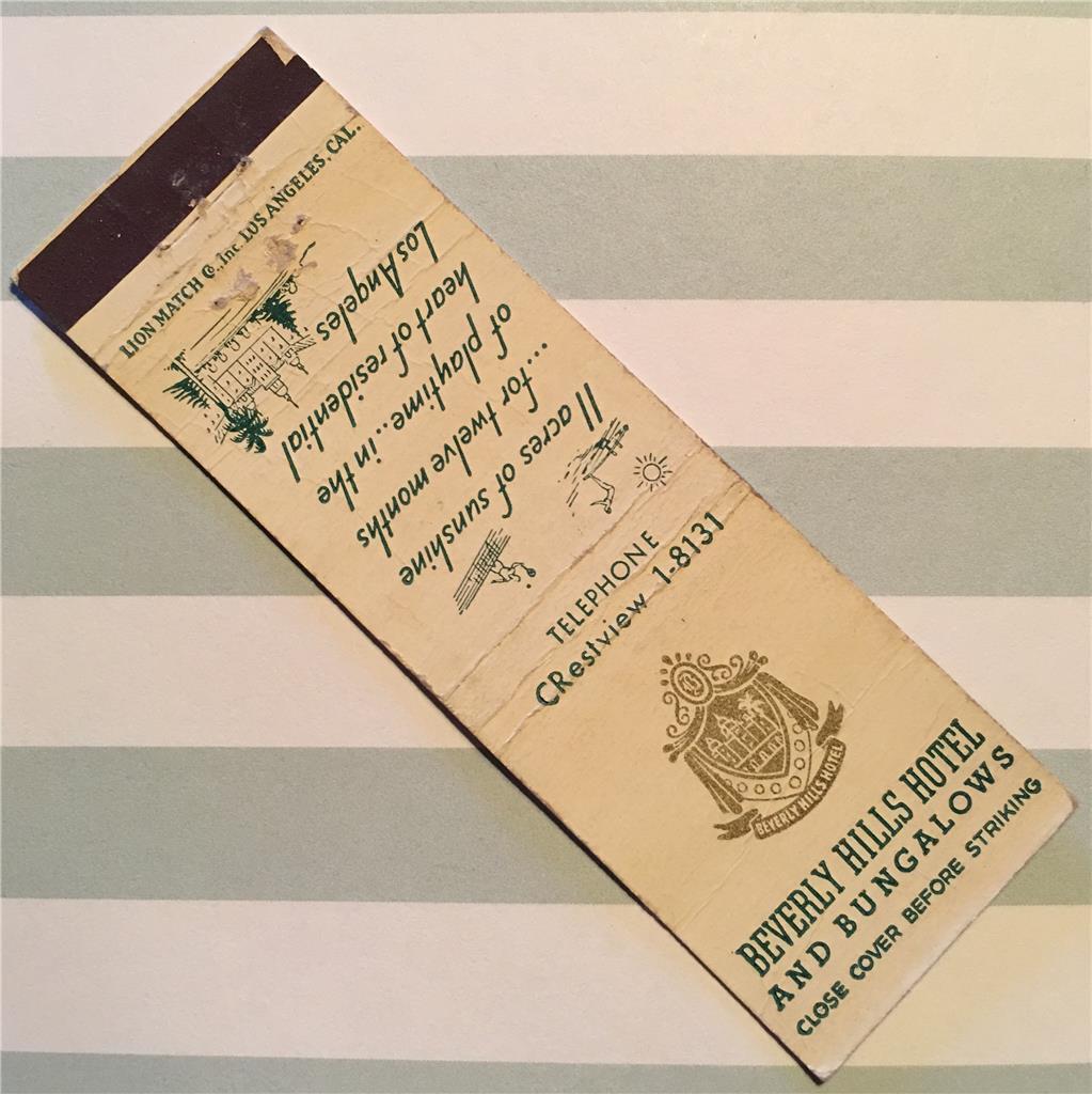 Vtg Beverly Hills Hotel & Bungalows MATCHBOOK COVER Rare Early 40s HOLLYWOOD