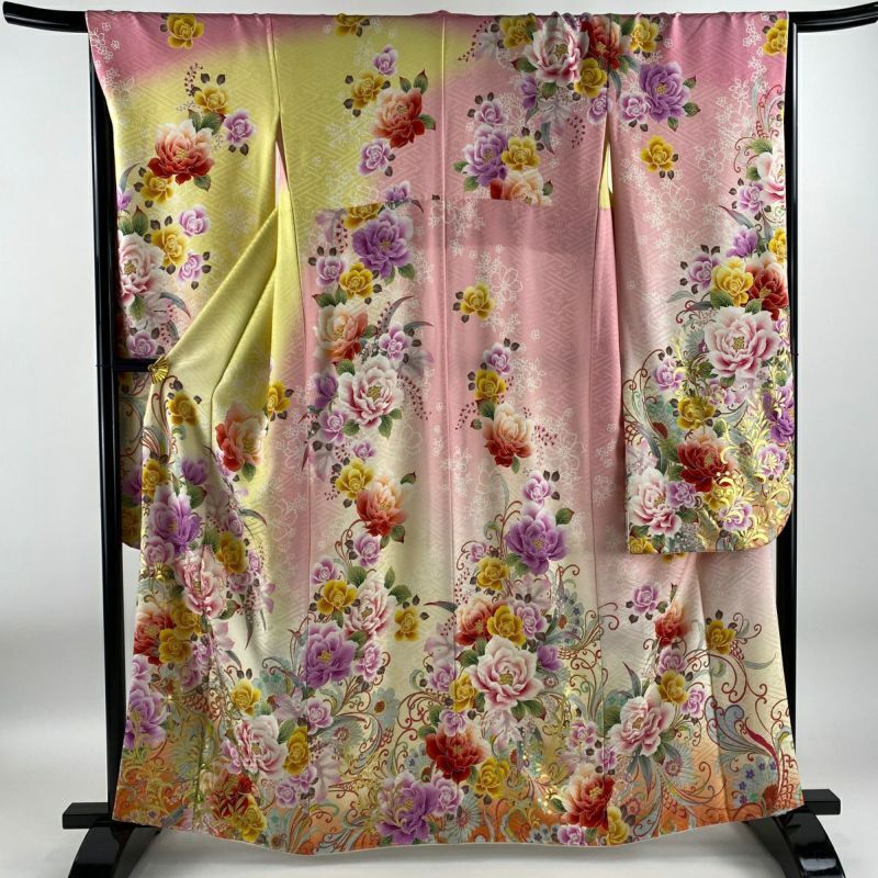 63.8inc Japanese Kimono SILK FURISODE Flowers Glitter foil Yellow