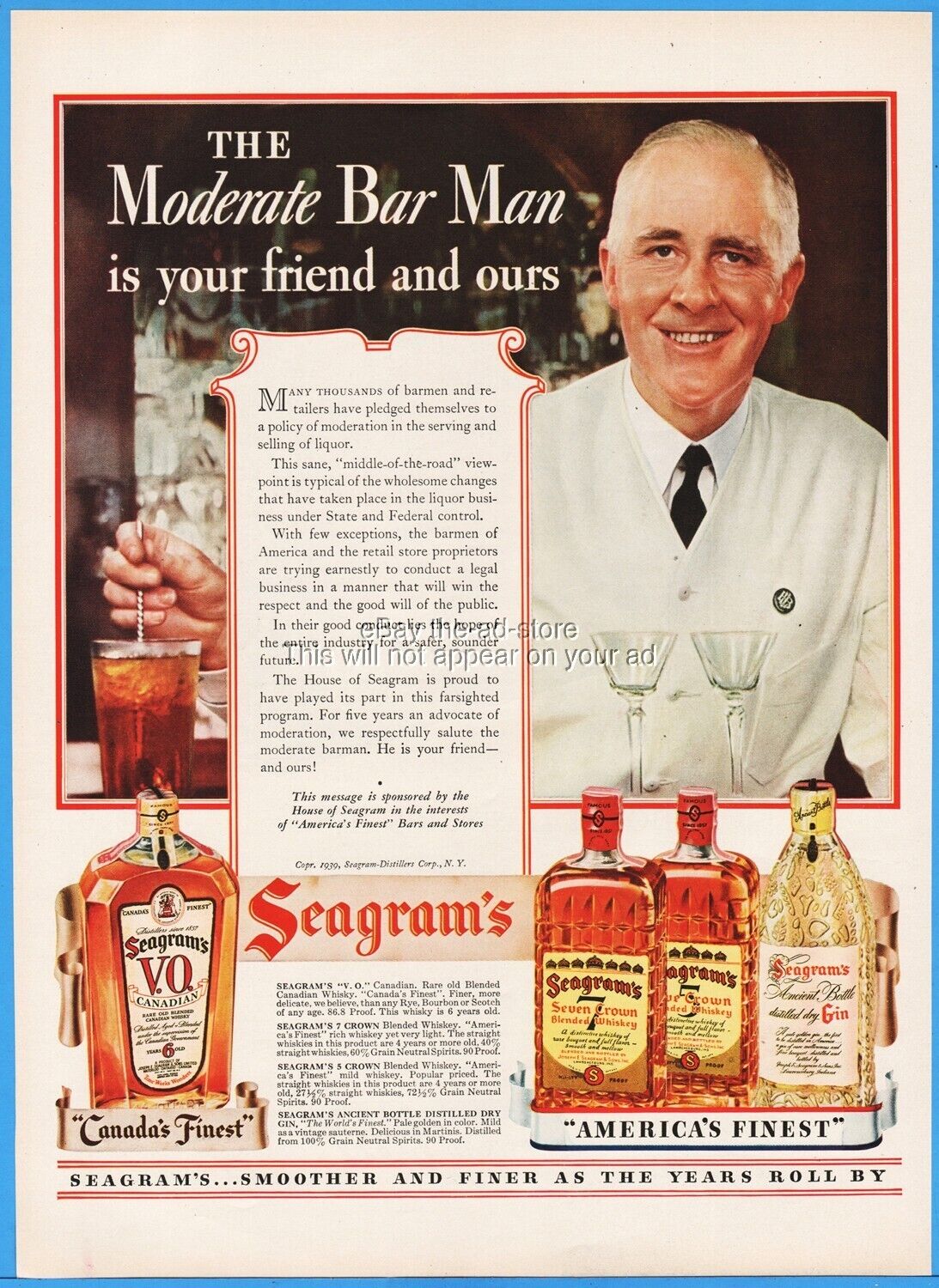 1939 Seagram\'s Ad VO Whisky Seven Five Crown Whiskey Moderate Bar Man Bartender