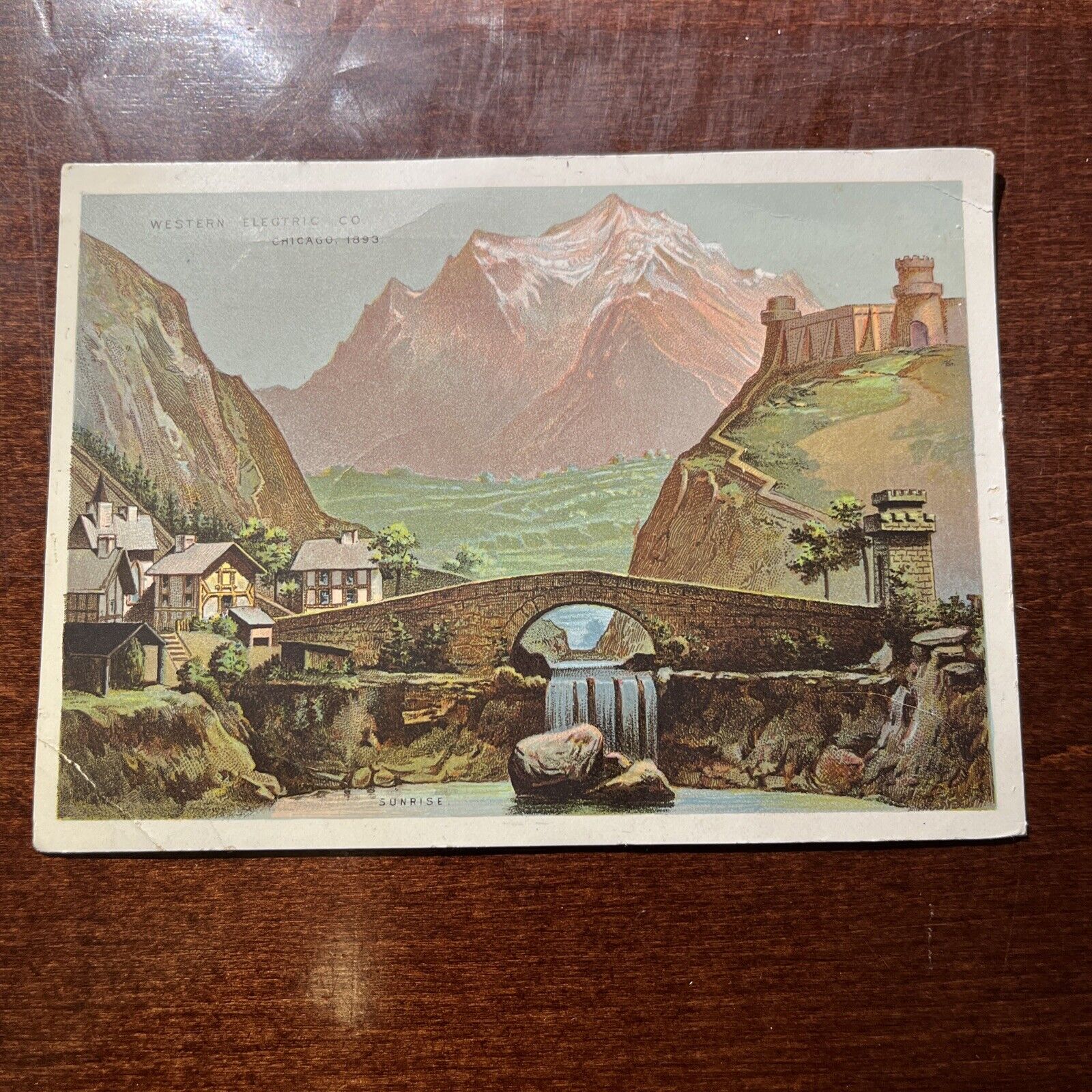 1893 Western Electric Co CHICAGO Mountain Scenery Bridge Victorian Trade Card