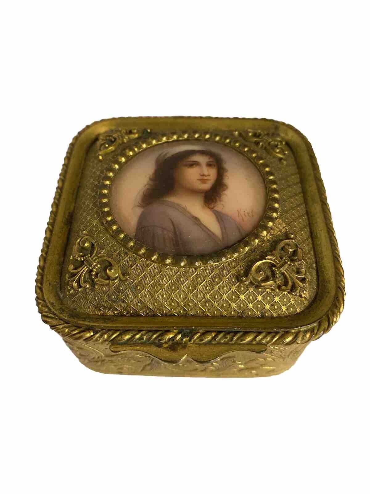 Antique Gilt Metal Dresser Jewelry Box Miniature Portrait Painting Circa 1890