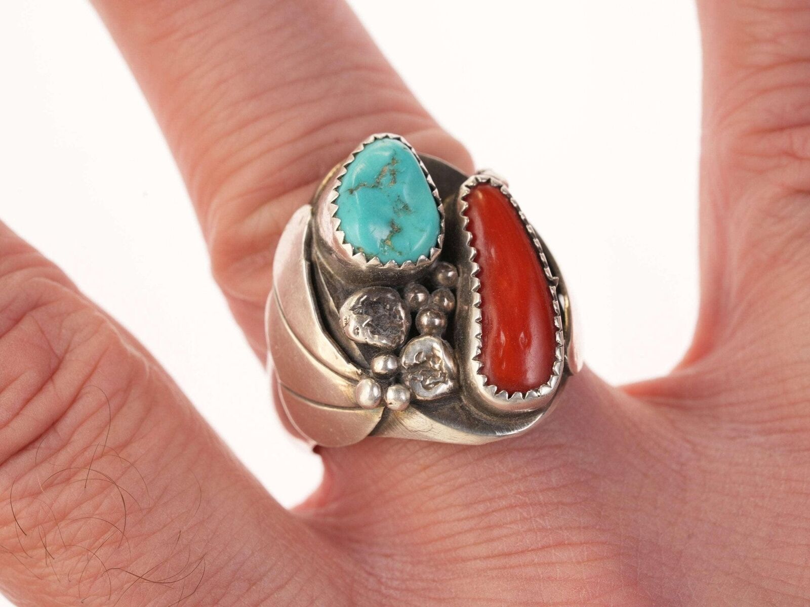 Sz11.5 Vintage Native American Sterling/turquoise and coral men's ring