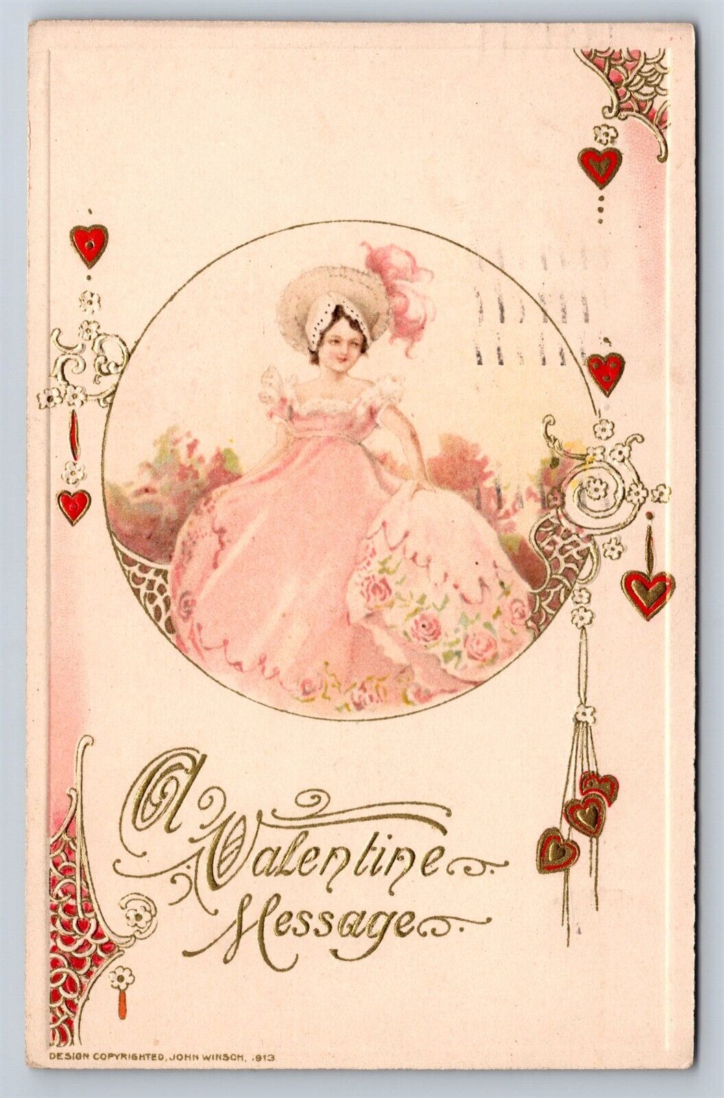 Postcard Valentines Day John Winsch Young Woman Pink Dress Flowers c1913 AD26