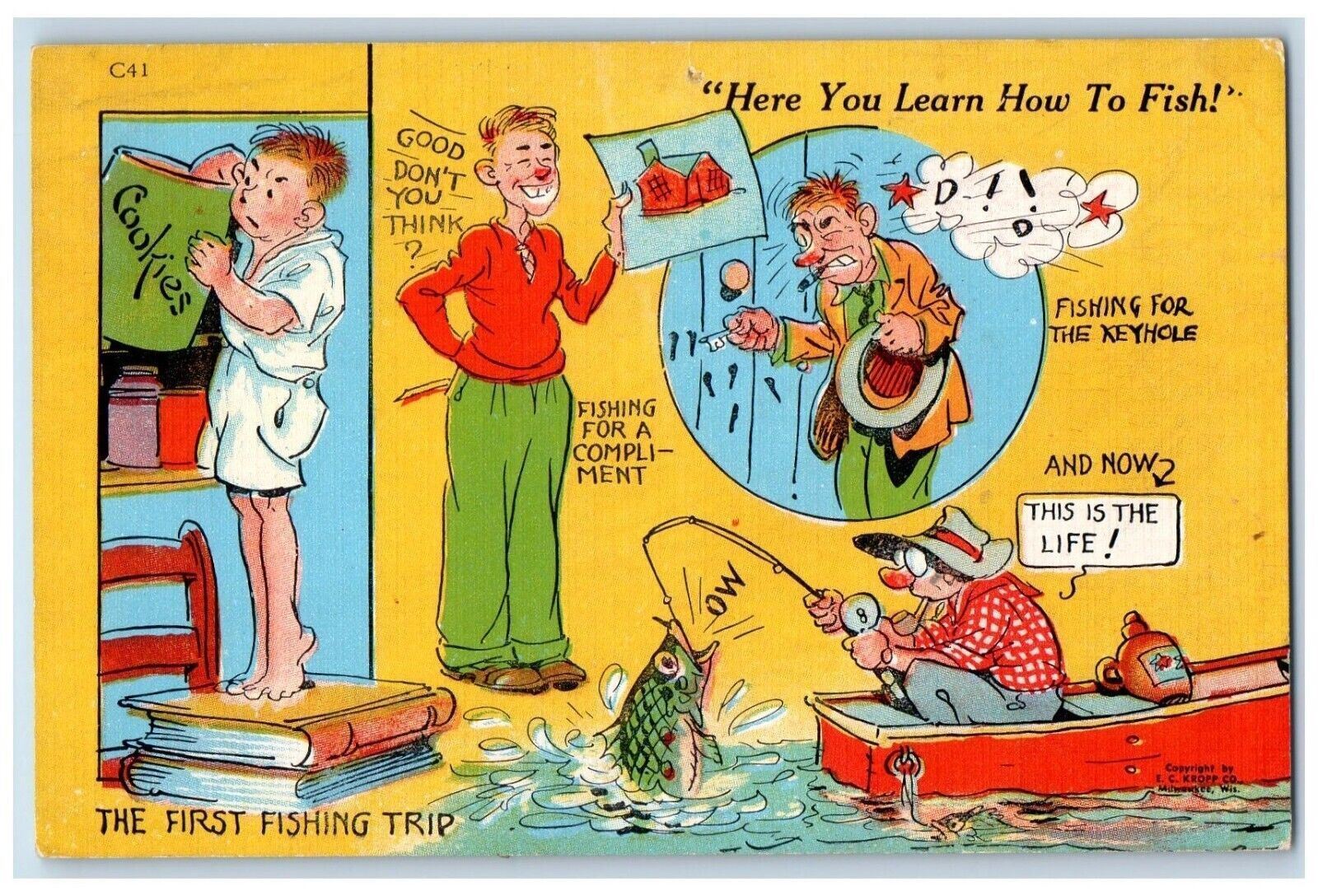 c1930\'s The First Fishing Trip Big Fish Comic Unposted Vintage Postcard