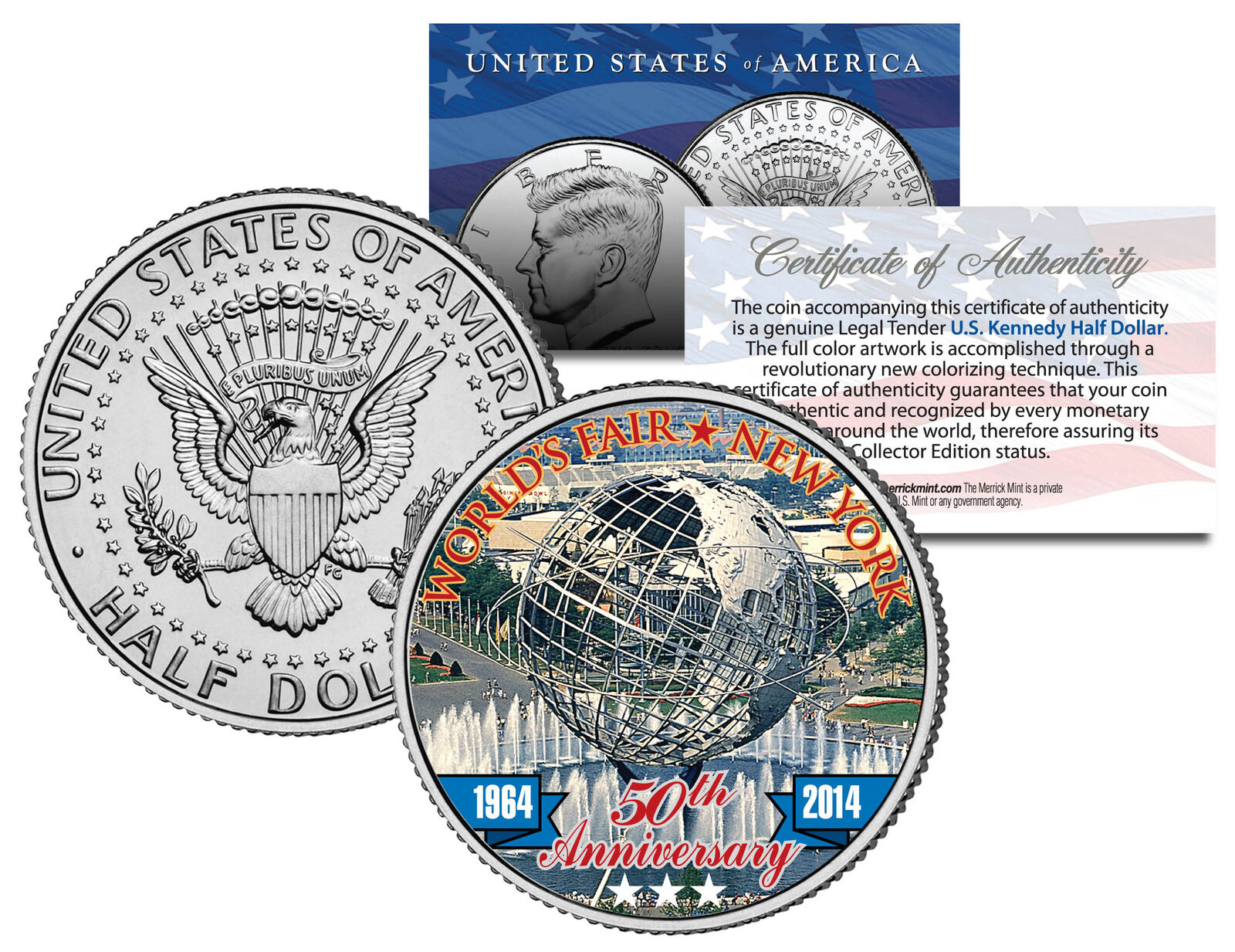 WORLD'S FAIR 50th Anniversary NEW YORK 1964-2014 Unisphere JFK Half Dollar Coin