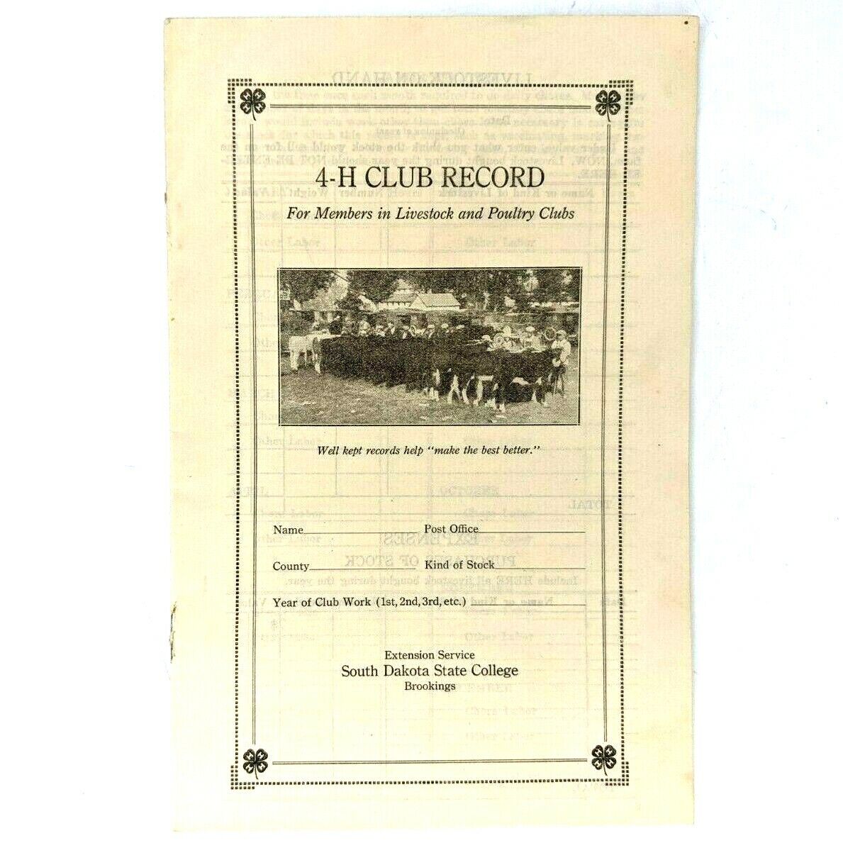 1914 4-H Club Record Livestock Booklet Brookings, South Dakota State College 1H