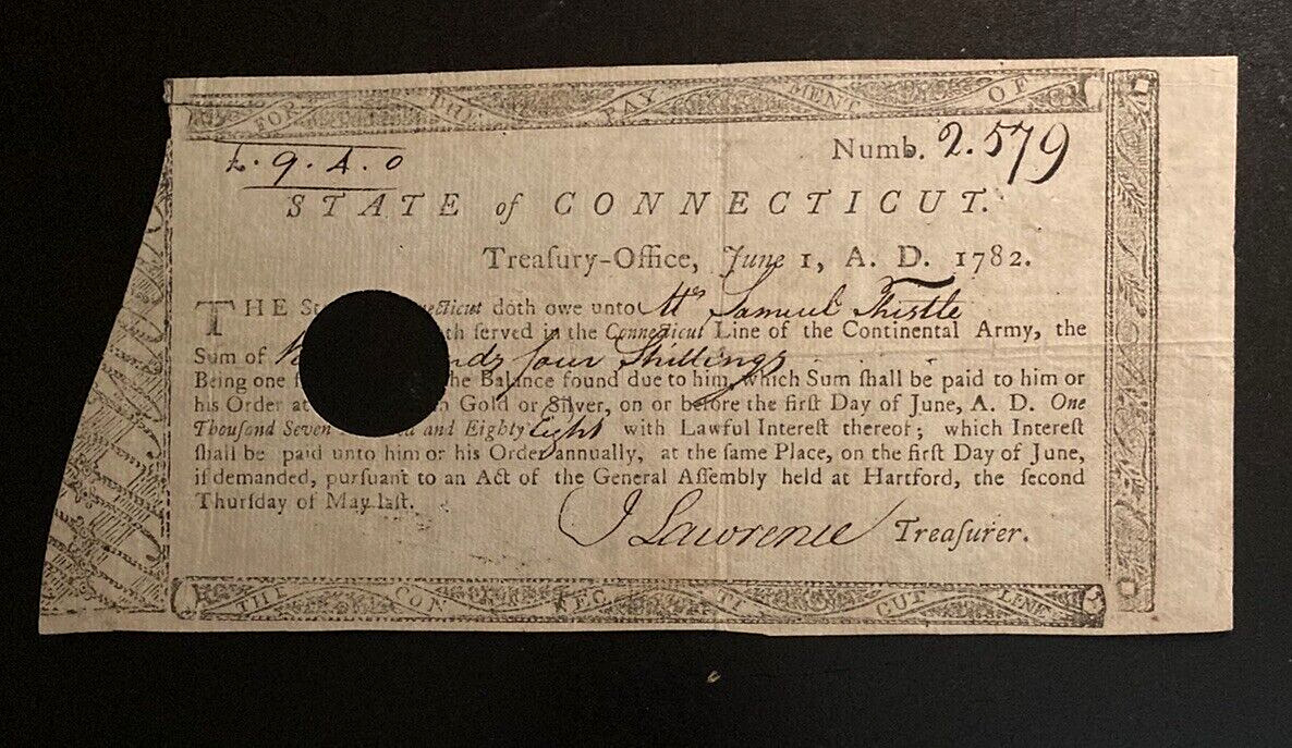 1782 Revolutionary War Pay Note For Service in Connecticut Line Continental Army