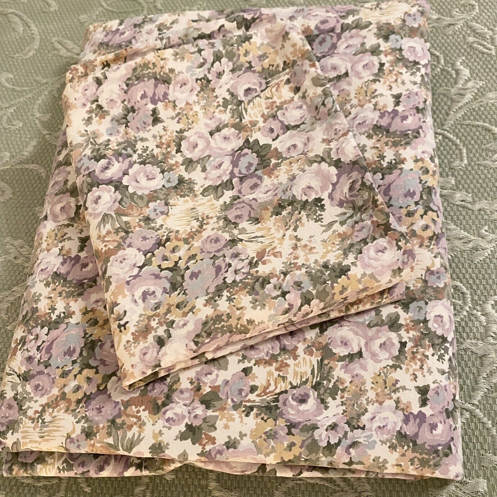 Vtg Martex Full Double Flat Sheet, Pillowcase NO Iron USA Granny Cottage Floral