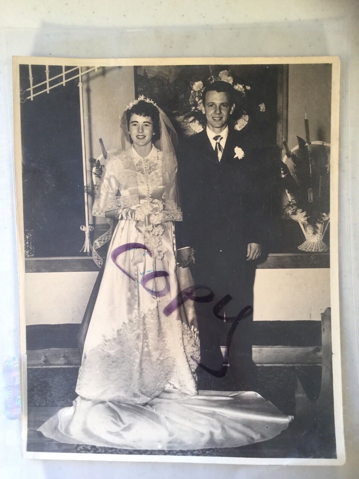 Vintage Wedding Photo 1940-50's Era Bride and Groom Satin Dress Original Photo