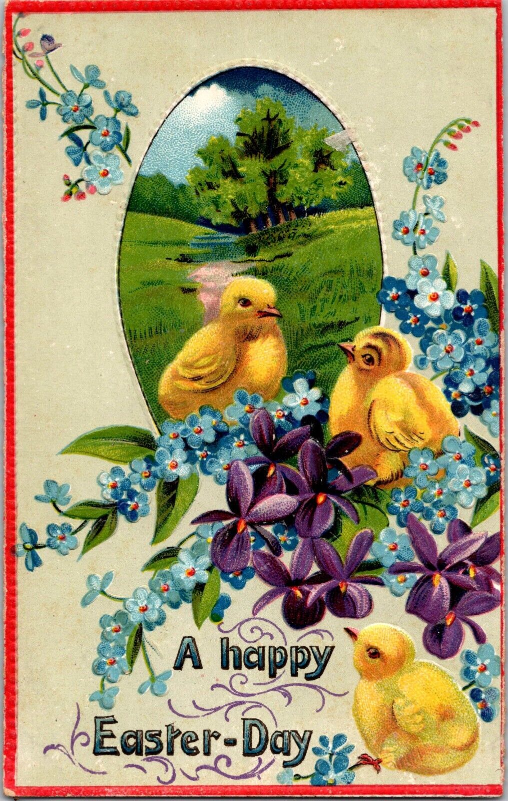 c1910 Antique Easter Postcard. Chicks' flowers embossed a1