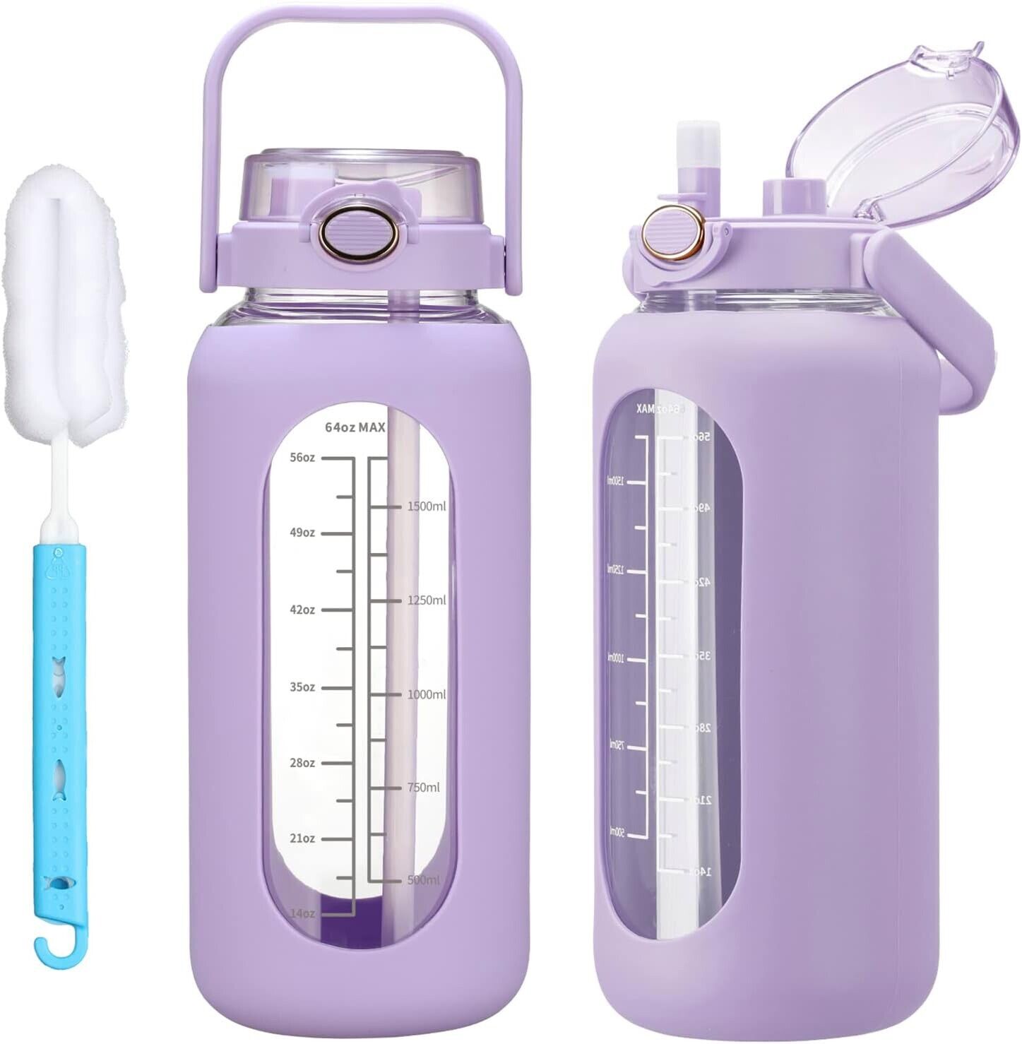 Huge Glass Water Bottle With Silicone Sleeve And Straw.  64oz