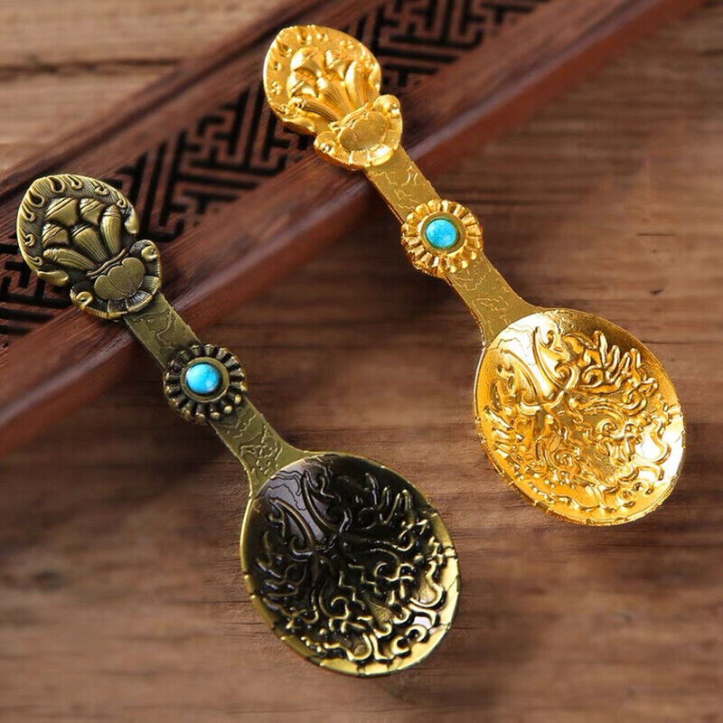 1pc Gold Buddhist Spoon Inlaid Gem Alloy Handicraft Auspicious Tibetan Buddhism