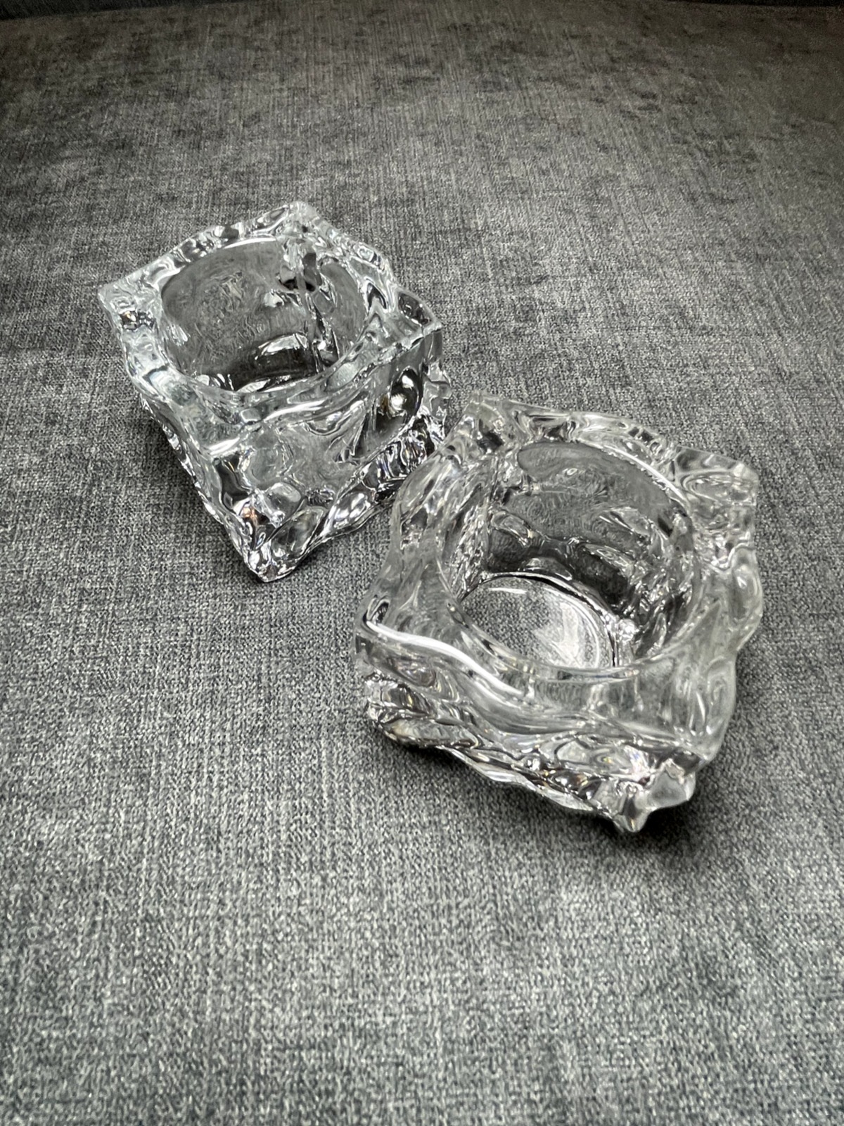 Pair of thick cube wavy glass votive candle holders Heavy (37)