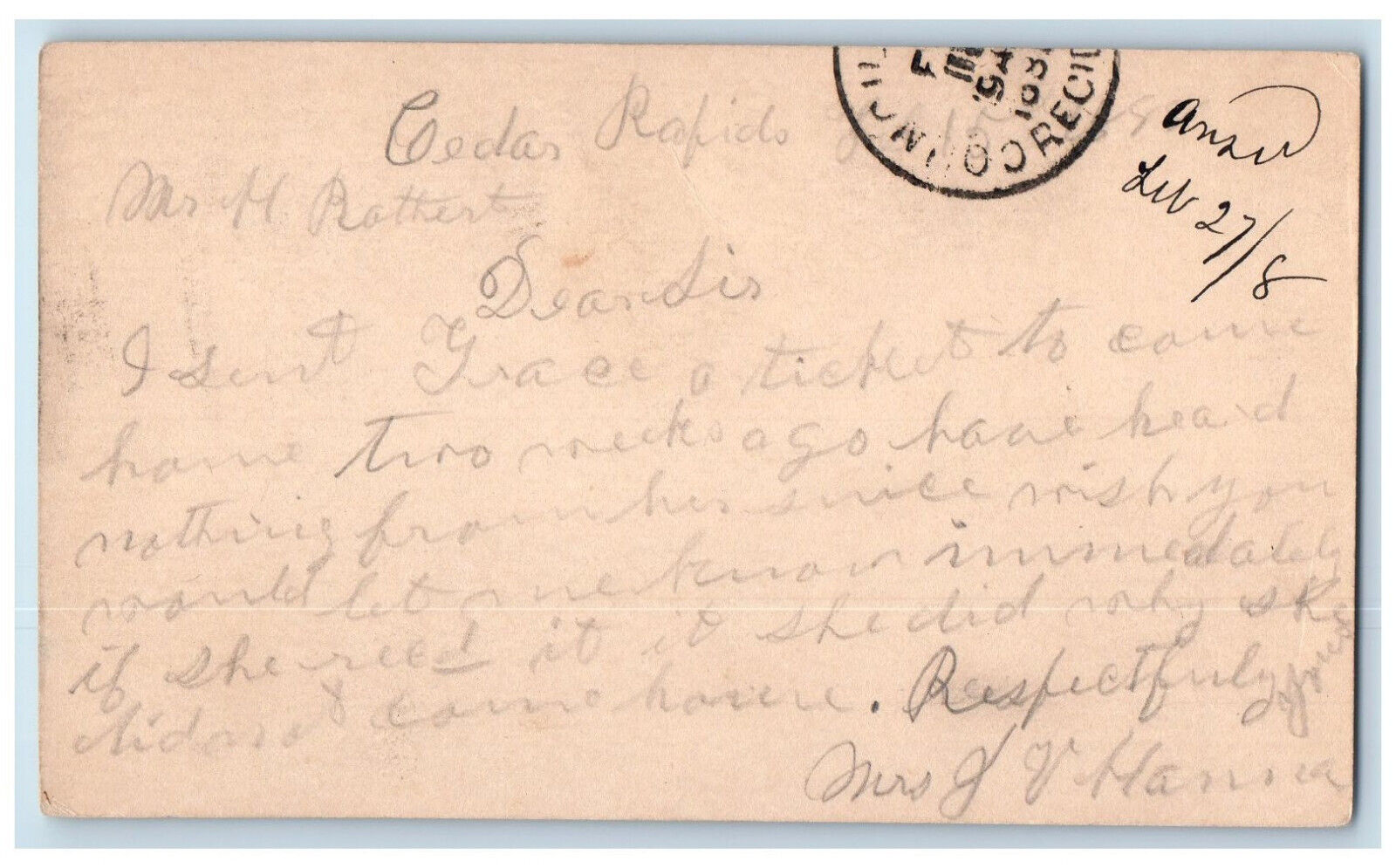c1880\'s Cedar Rapids Iowa IA H Rathert Council Bluffs Iowa IA Postal Card