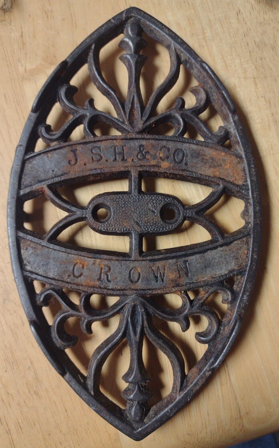 Antique Cast Iron Footed Sad Iron Trivet Stand Logo J.S.H. & Co Crown