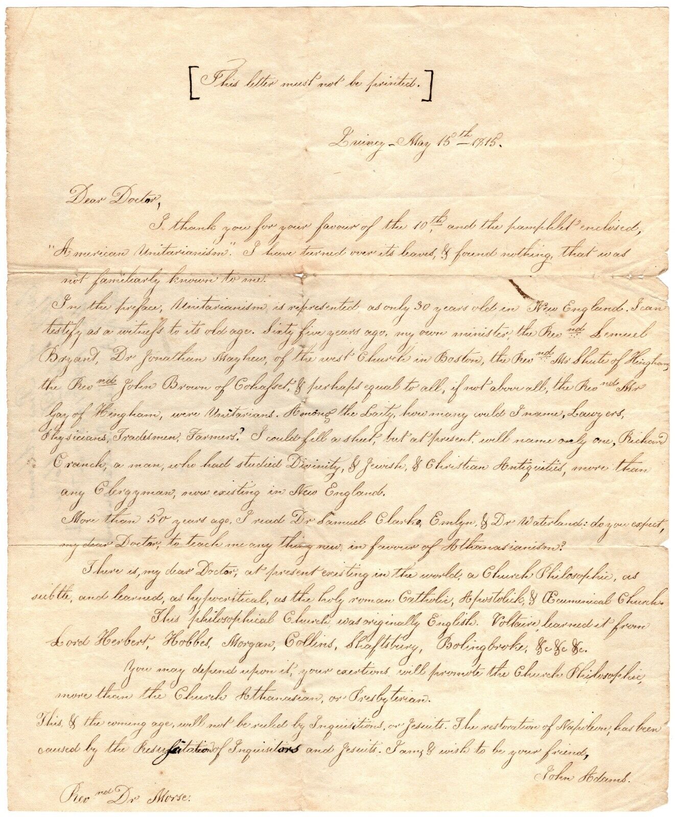 Important Contemporary Copy of Letter from John Adams Defending Unitarianism